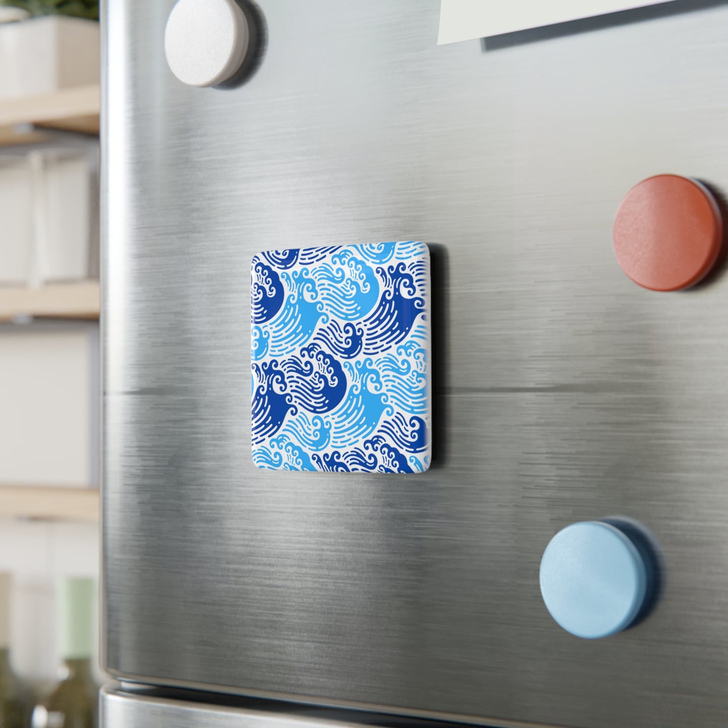Ming Dynasty Waves Blue and White Chinese Woodblock Porcelain Magnet, Square