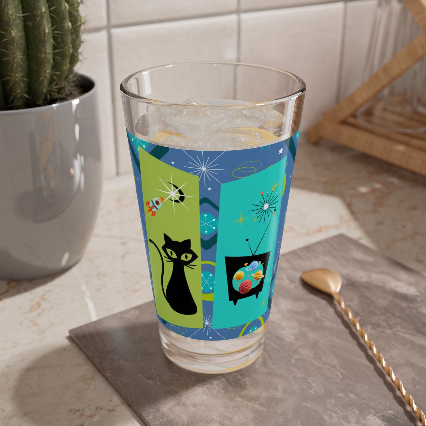 Nightly News Midcentury Modern Atomic Black Cat Planets Spaceship Cocktail Party Beverage Entertaining Mixing Glass, 16oz