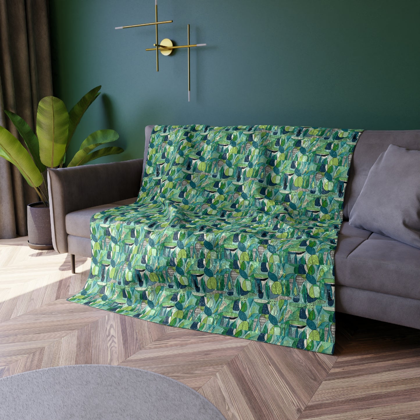 Cubist Garden Midcentury Modern Blue Green Crushed Velvet Blanket