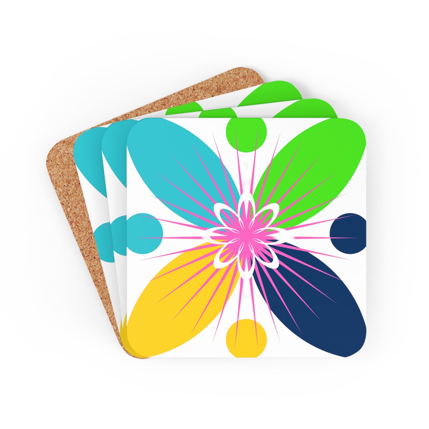 Atomic Star Petals Midcentury Modern Pattern Pink Cocktail Party Entertaining Corkwood Coaster Set