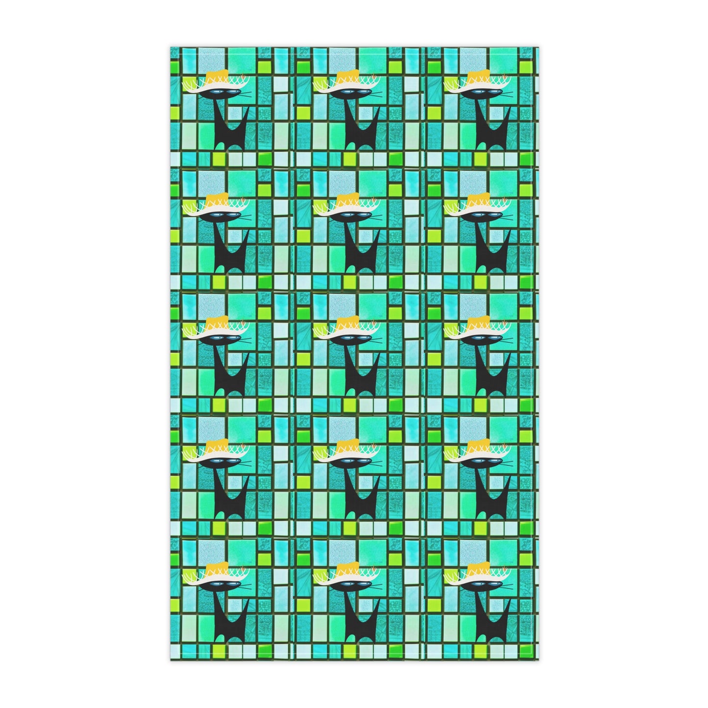 Midcentury Modern Atomic Black Vacay Cat Ocean Colors Tile Pattern Decorative Kitchen Tea Towel/Bar Towel