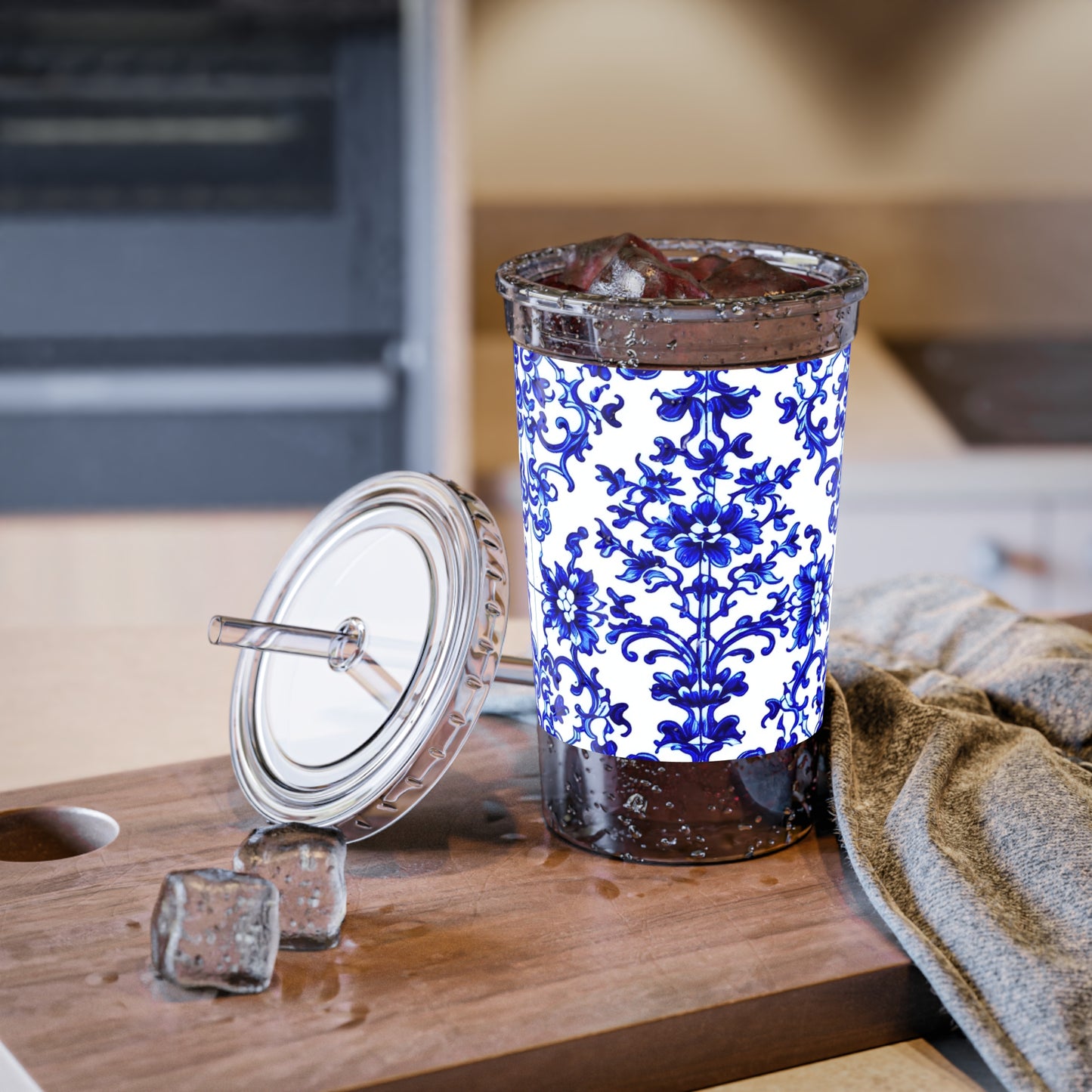 Portuguese Blue and White Tile Pattern Beverage Travel Suave Acrylic Cup