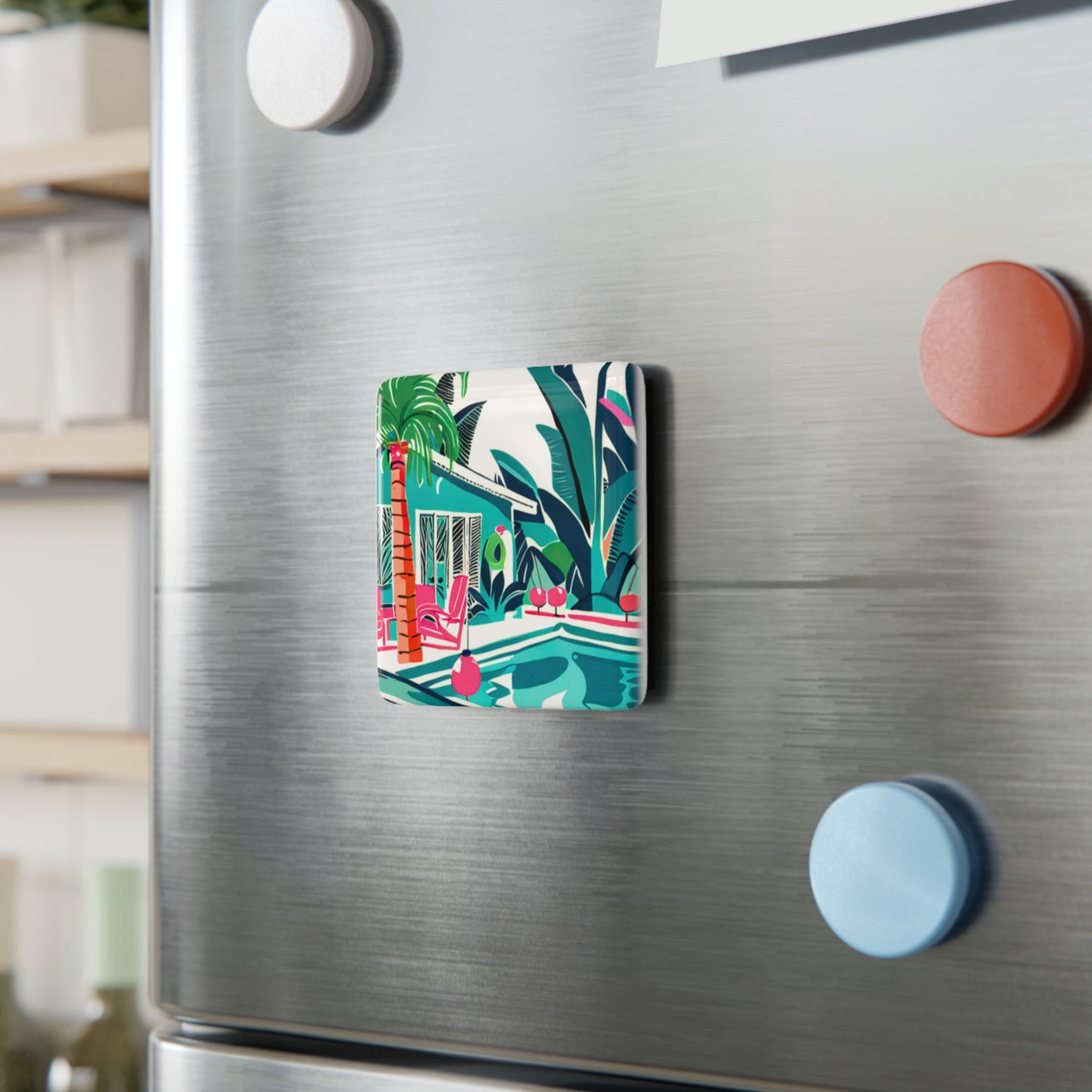 Miami Winter Poolside Midcentury Modern Porcelain Refrigerator Magnet, Square