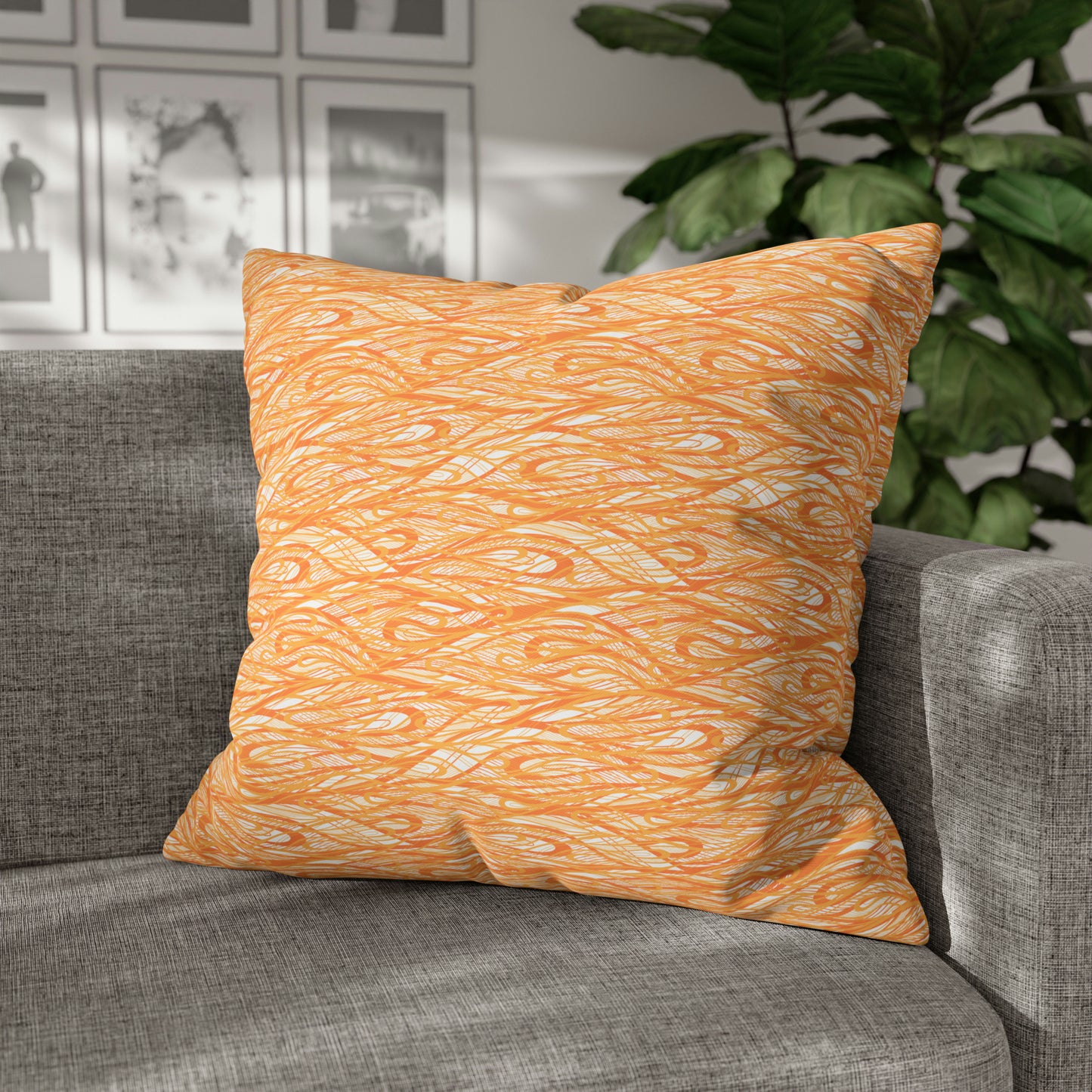 Wave Vibrations Orange Tangerine Modern Coastal Pattern Decorative Spun Polyester Pillow Cover