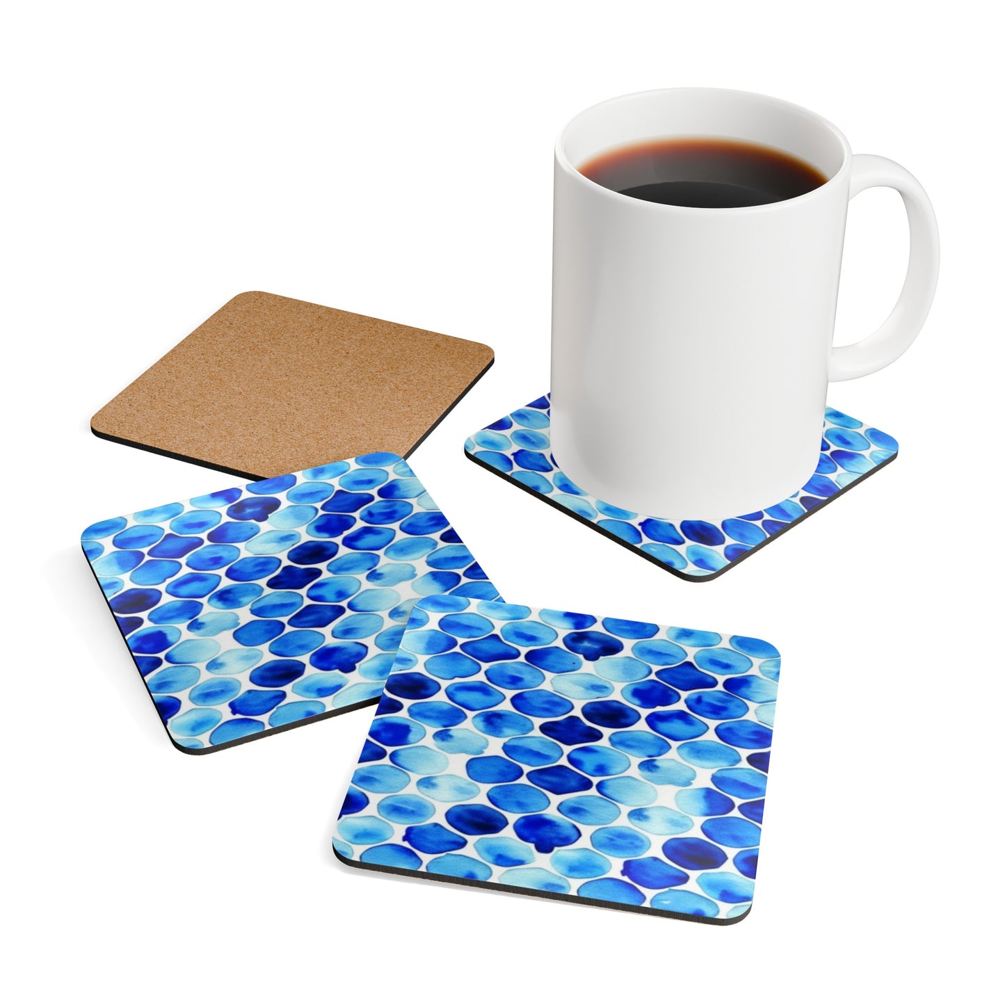 Blue Sea Glass Cocktail Party Beverage Corkwood Coaster Set