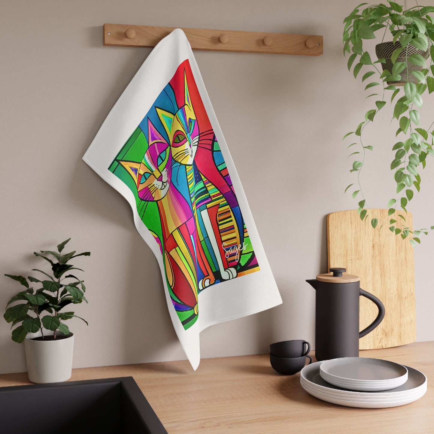Cubist Cats Neon Midcentury Modern Decorative Kitchen Tea Towel