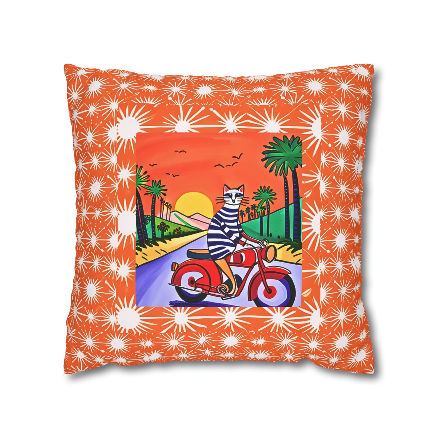 Cool Cat Moto Palm Springs Motorcycle Tour Midcentury Modern Children's Art Square Poly Canvas Pillow Cover
