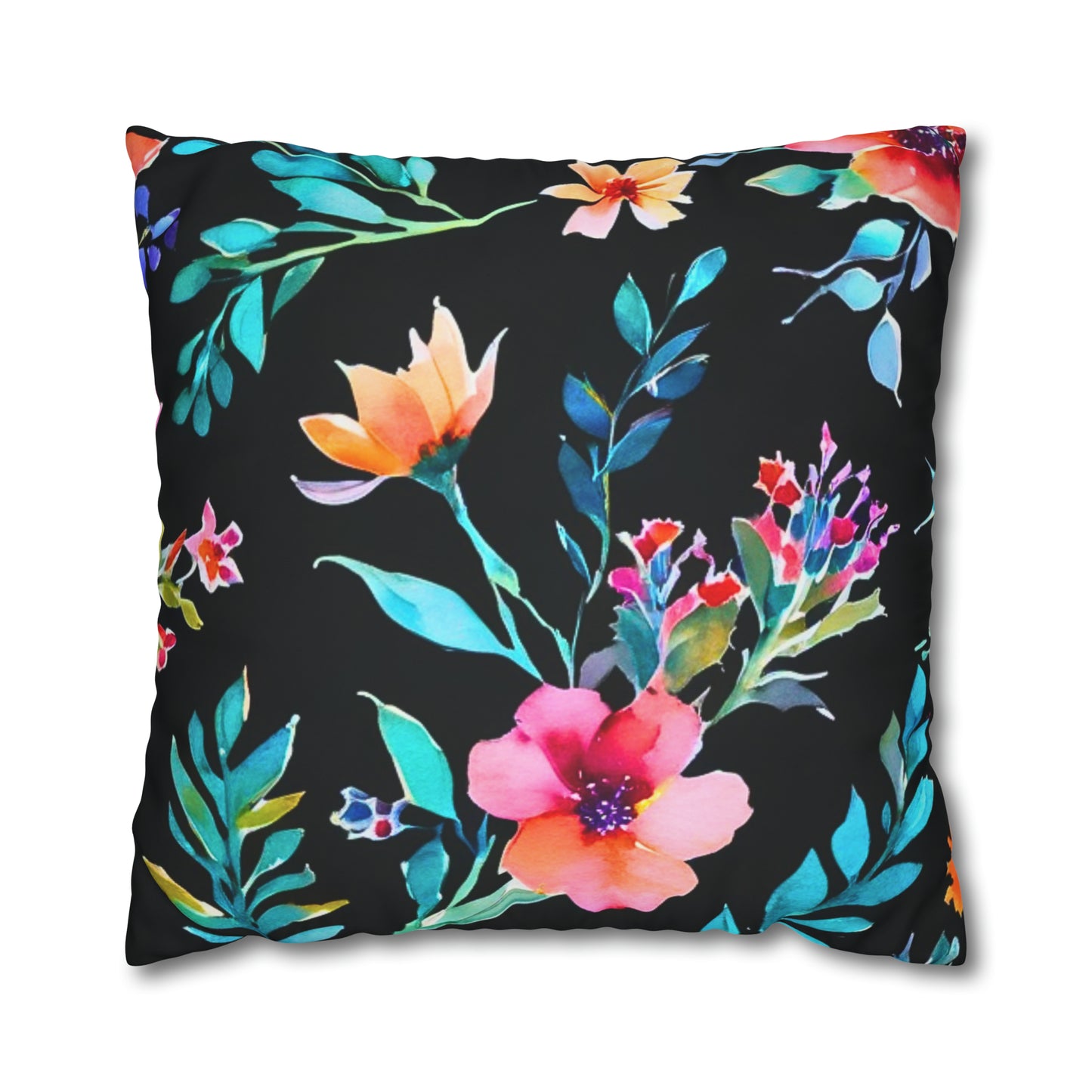 Midnight Floral II Watercolor Original Square Poly Canvas Pillow Cover