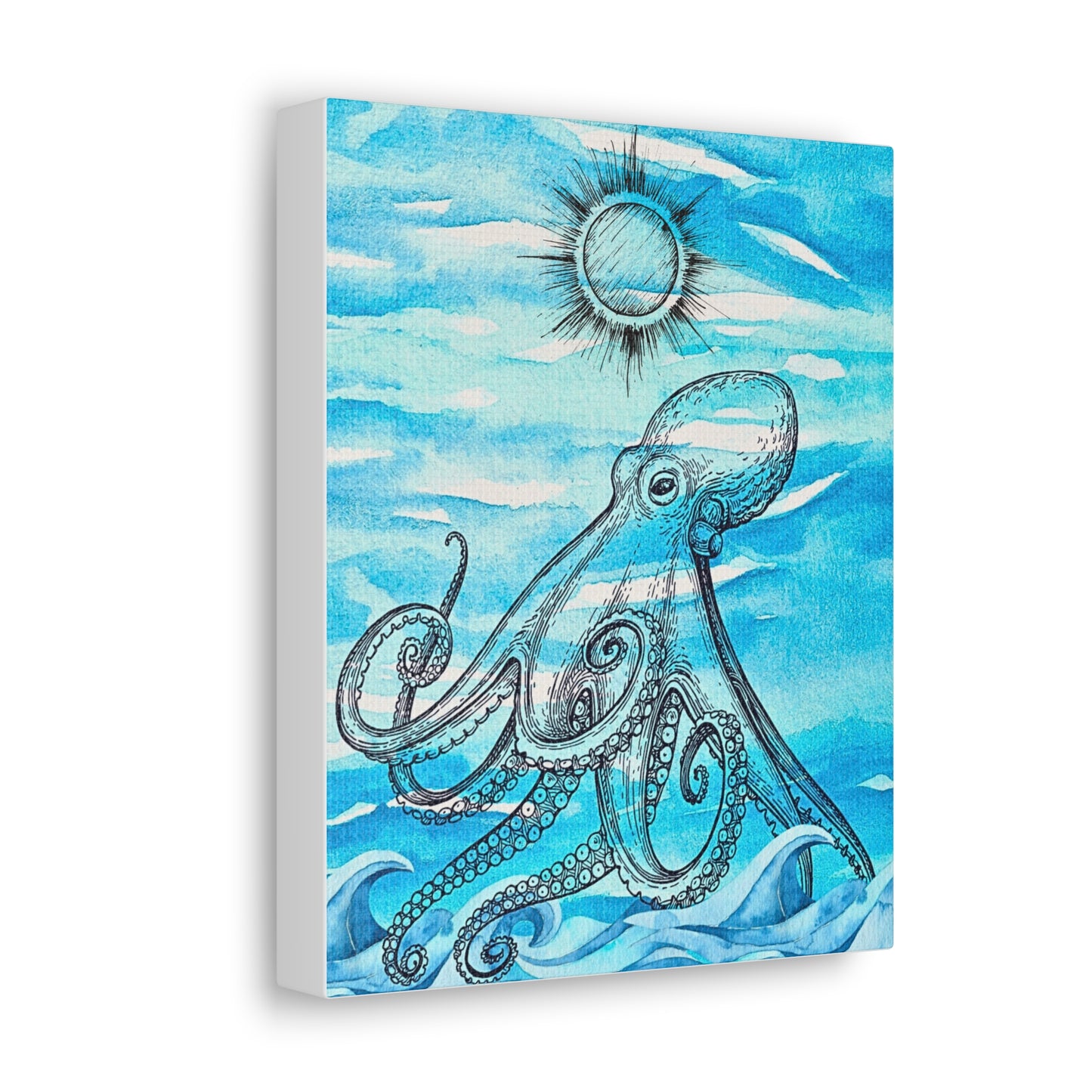 Coastal Summer Octopus Watercolor Art Canvas Gallery Wraps
