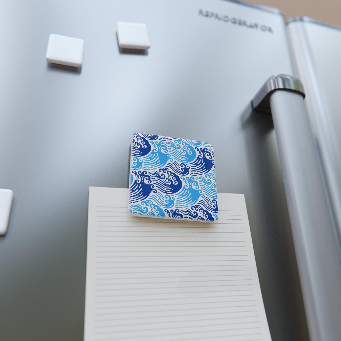 Ming Dynasty Waves Blue and White Chinese Woodblock Porcelain Magnet, Square