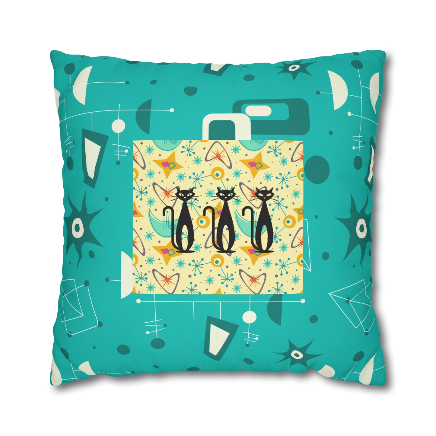 Triple Kitties Midcentury Modern Aqua Children Nursery Playroom Square Poly Canvas Pillow Cover