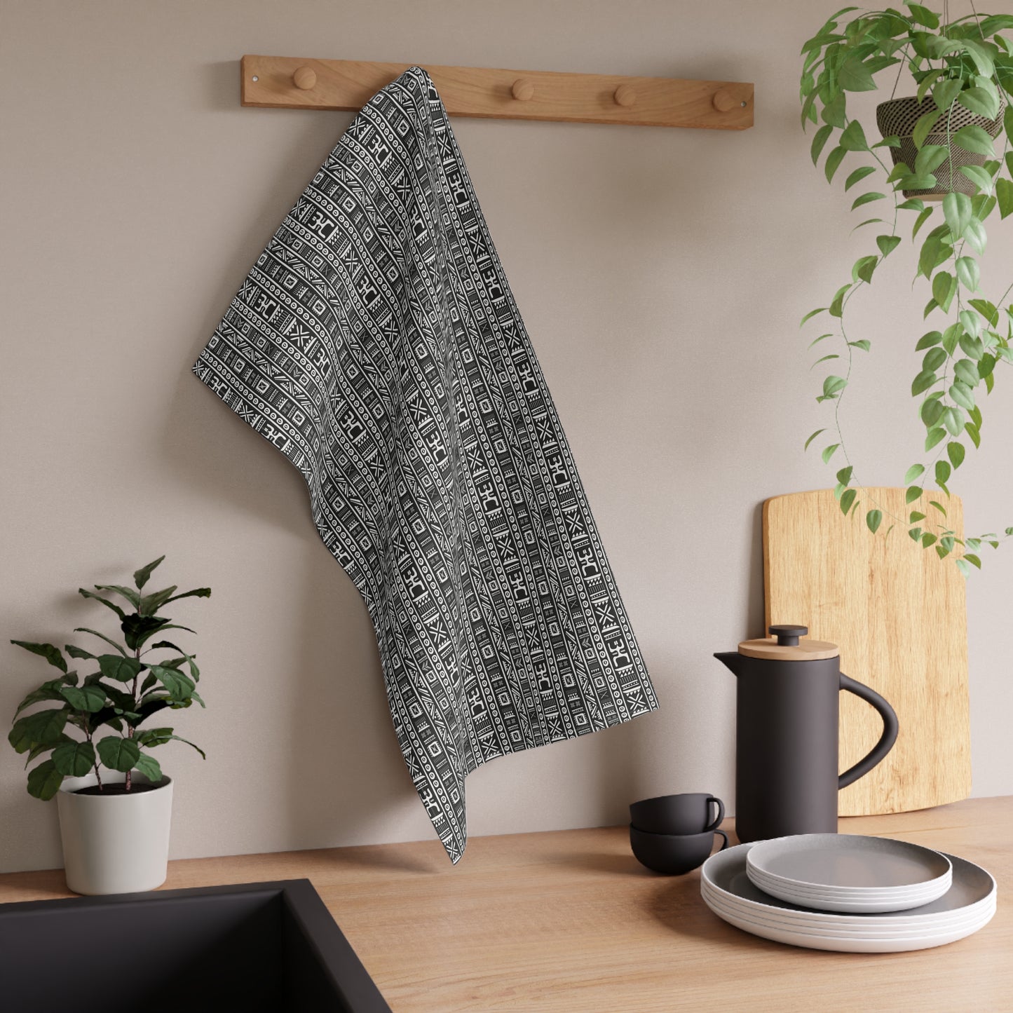 Tribal Vibrations Black and White Pattern Decorative Kitchen Tea Towel/Bar Towel