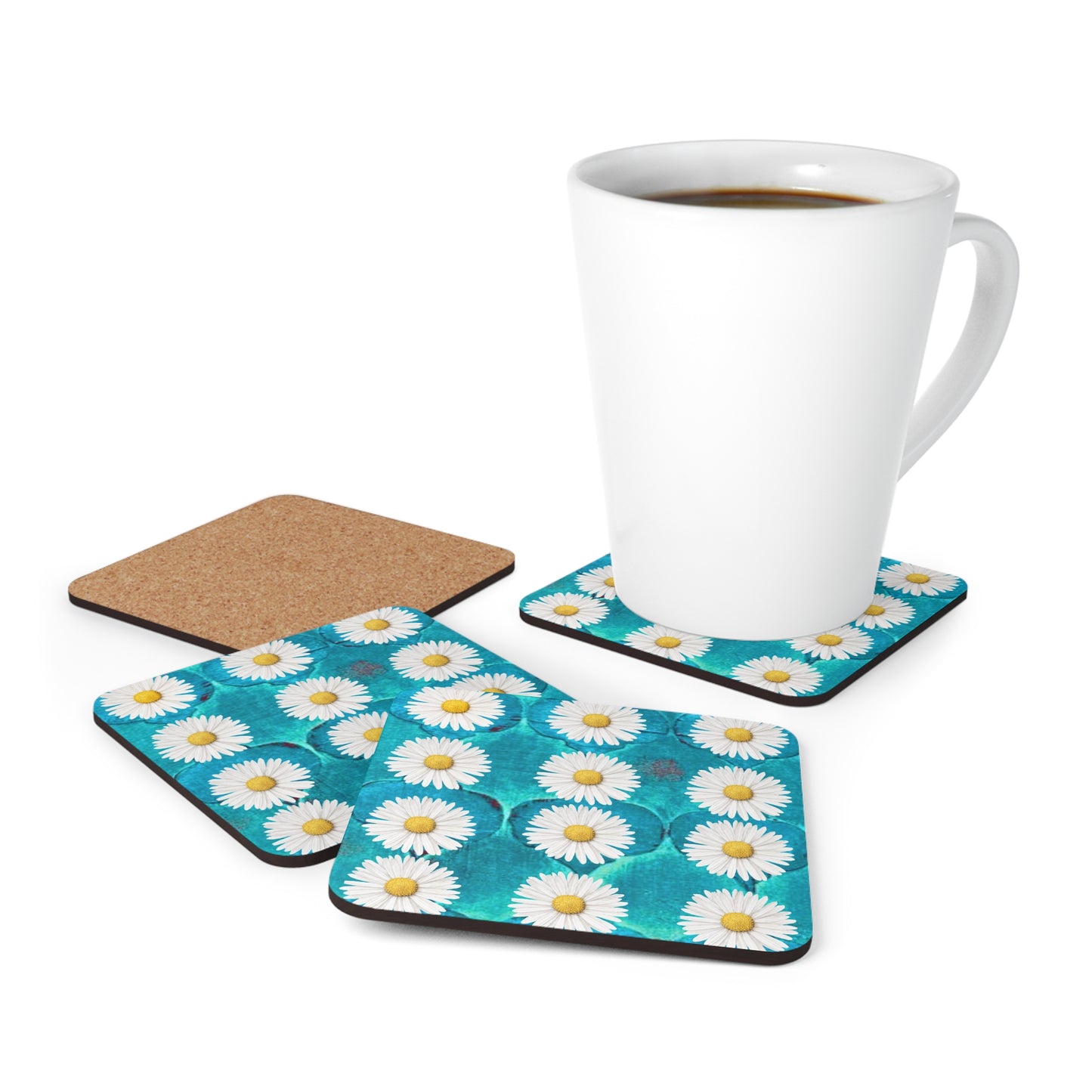 SageDaisy Living Logo Turquoise Arabesque Tile Pattern Cocktail Party Beverage Entertaining Corkwood Coaster Set