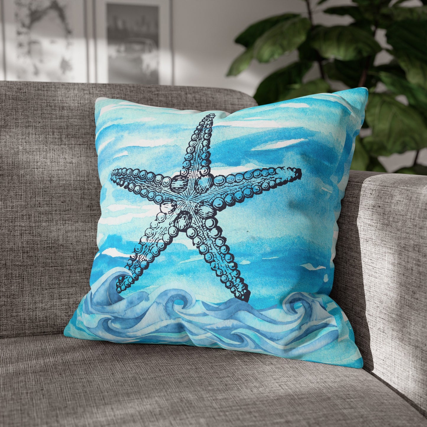 Coastal Summer Starfish Watercolor Square Poly Canvas Pillow Cover