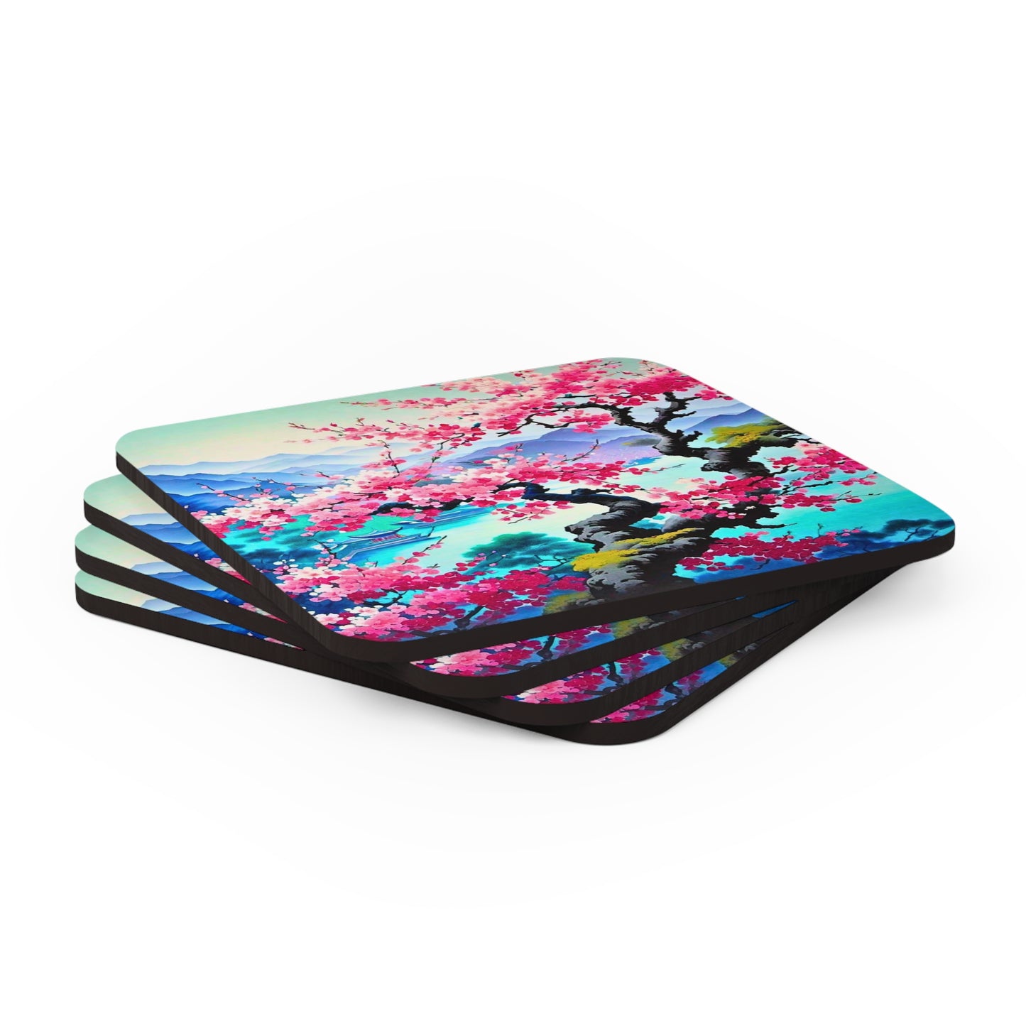 Japanese Mist Cherry Blossom Tree Dream Asian Cocktail Party Entertaining Beverage Corkwood Coaster Set