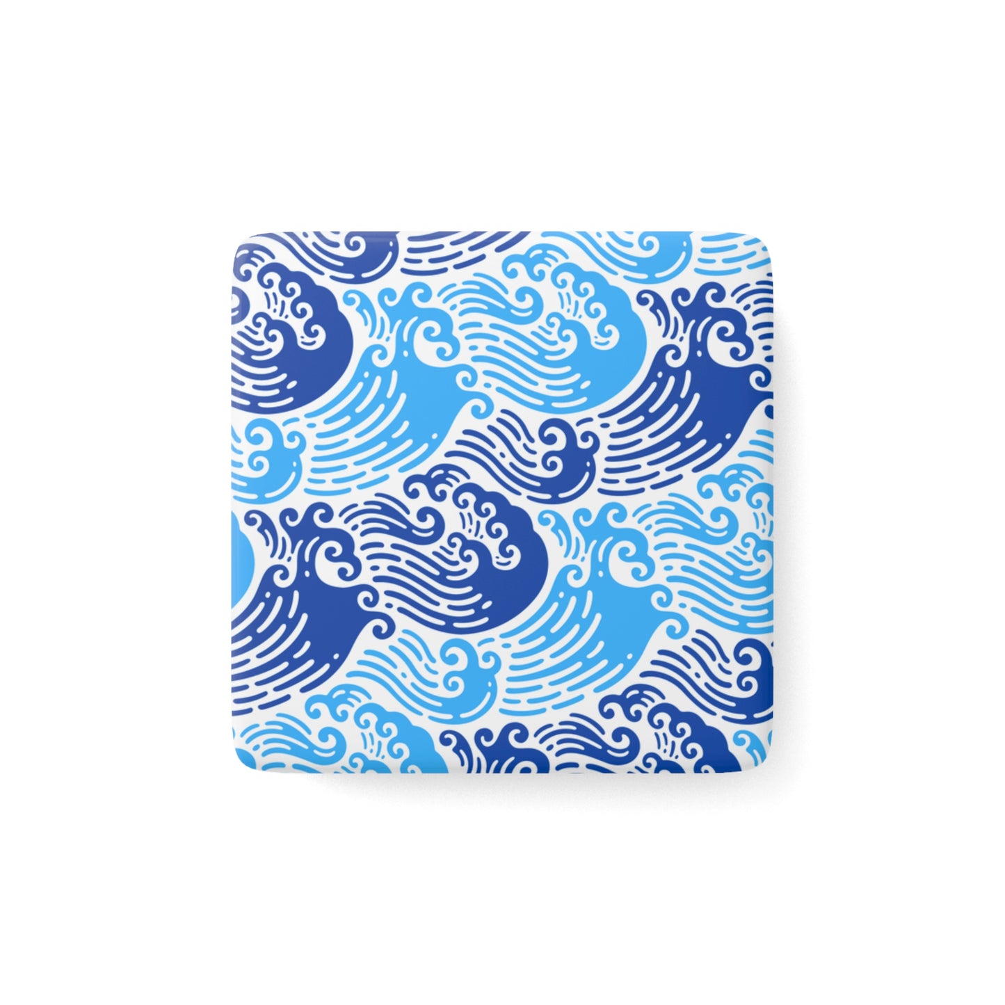 Ming Dynasty Waves Blue and White Chinese Woodblock Porcelain Magnet, Square
