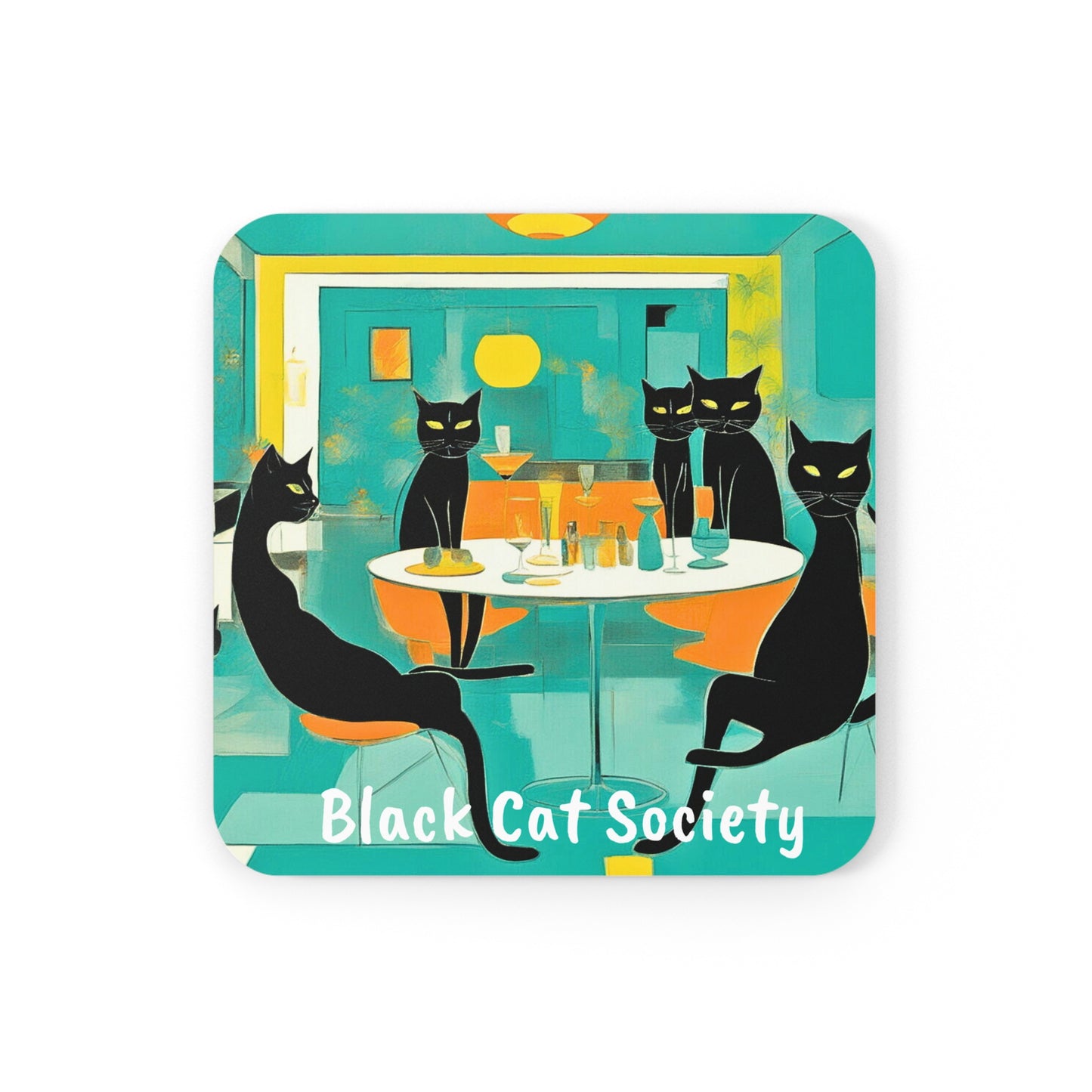 Black Cat Society Midcentury Modern Cocktail Party Entertaining Decorative Corkwood Coaster Set