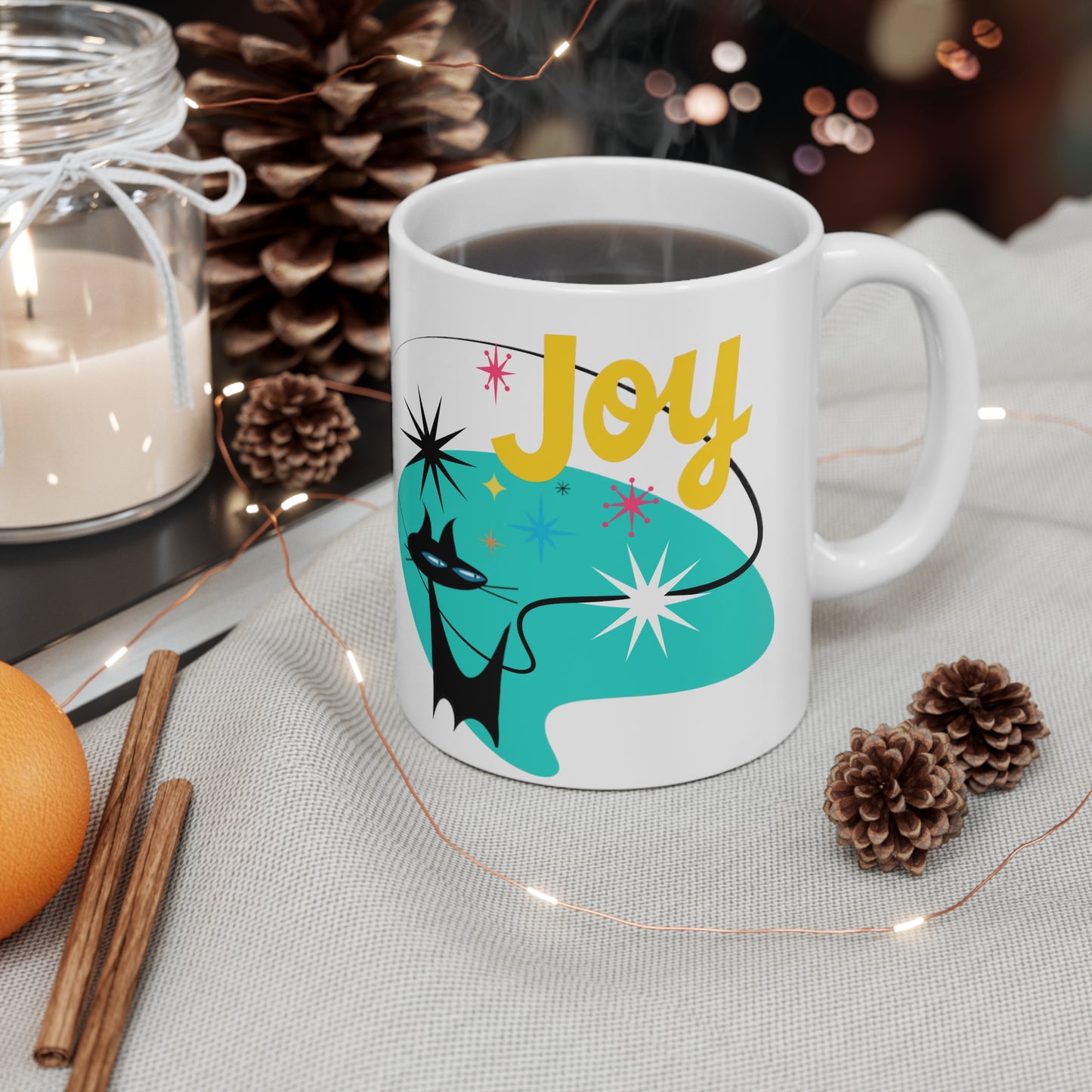 Joy Midcentury Modern Atomic Black Cat Hot Beverage Coffee Tea Decorative Ceramic Mug 11oz