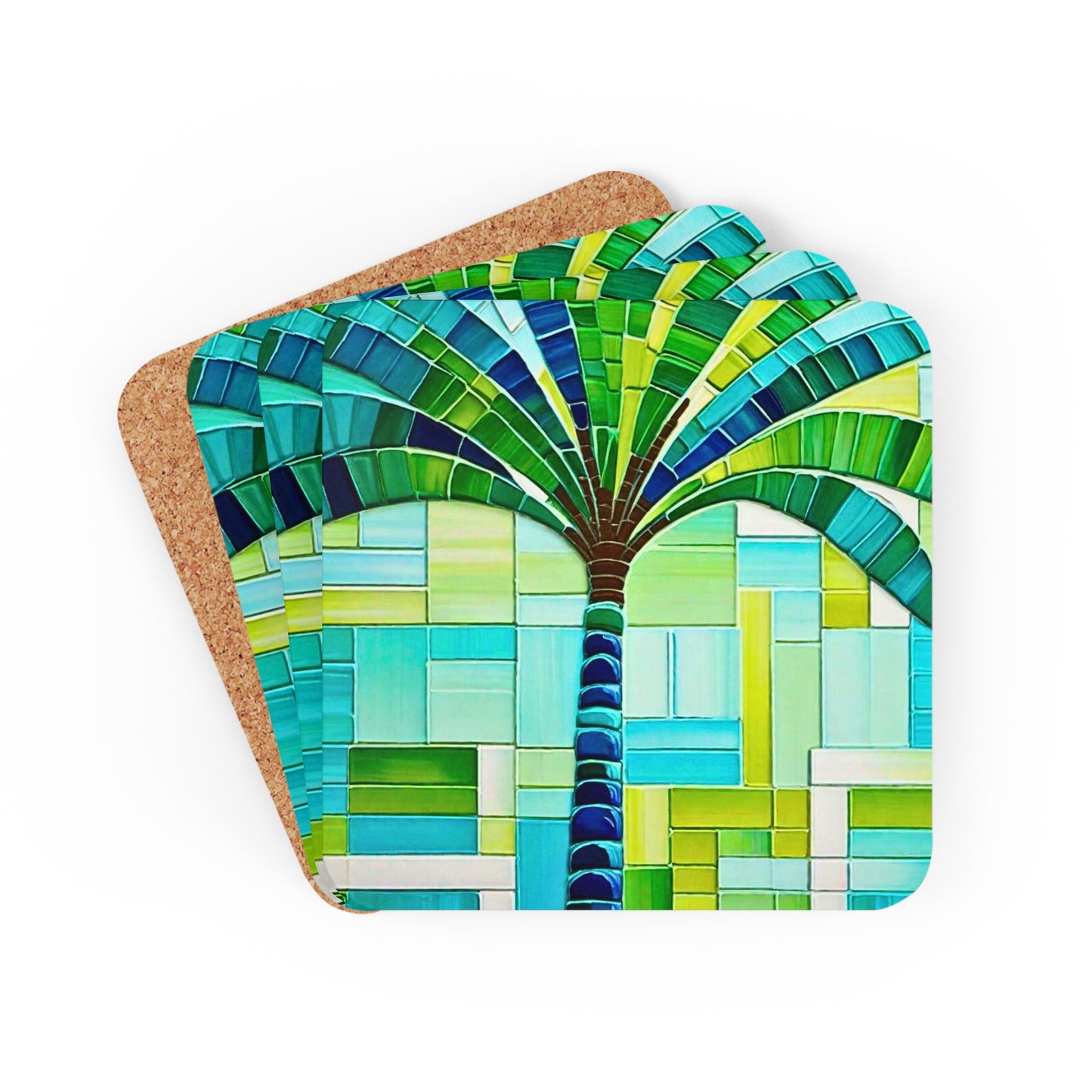 Turks and Caicos Island Palm Tree Mosaic Cocktail Beverage Entertaining Outdoor Patio Corkwood Coaster Set