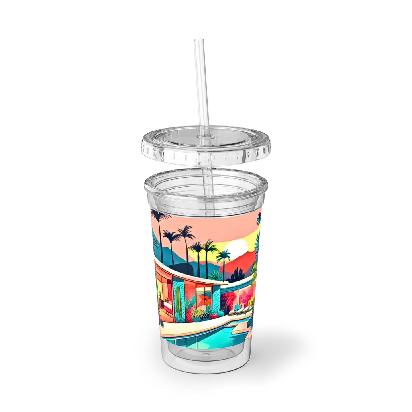 Palm Springs Patio Darling Cocktails Poolside Desert Palm Trees Cactus Midcentury Modern Suave Acrylic Cup
