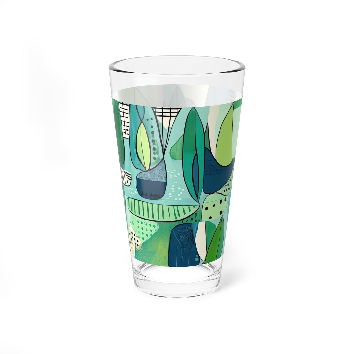 Cubist Garden Midcentury Modern Blue Green Cocktail Party Beverage Juice Tea Entertaining Mixing Glass, 16oz