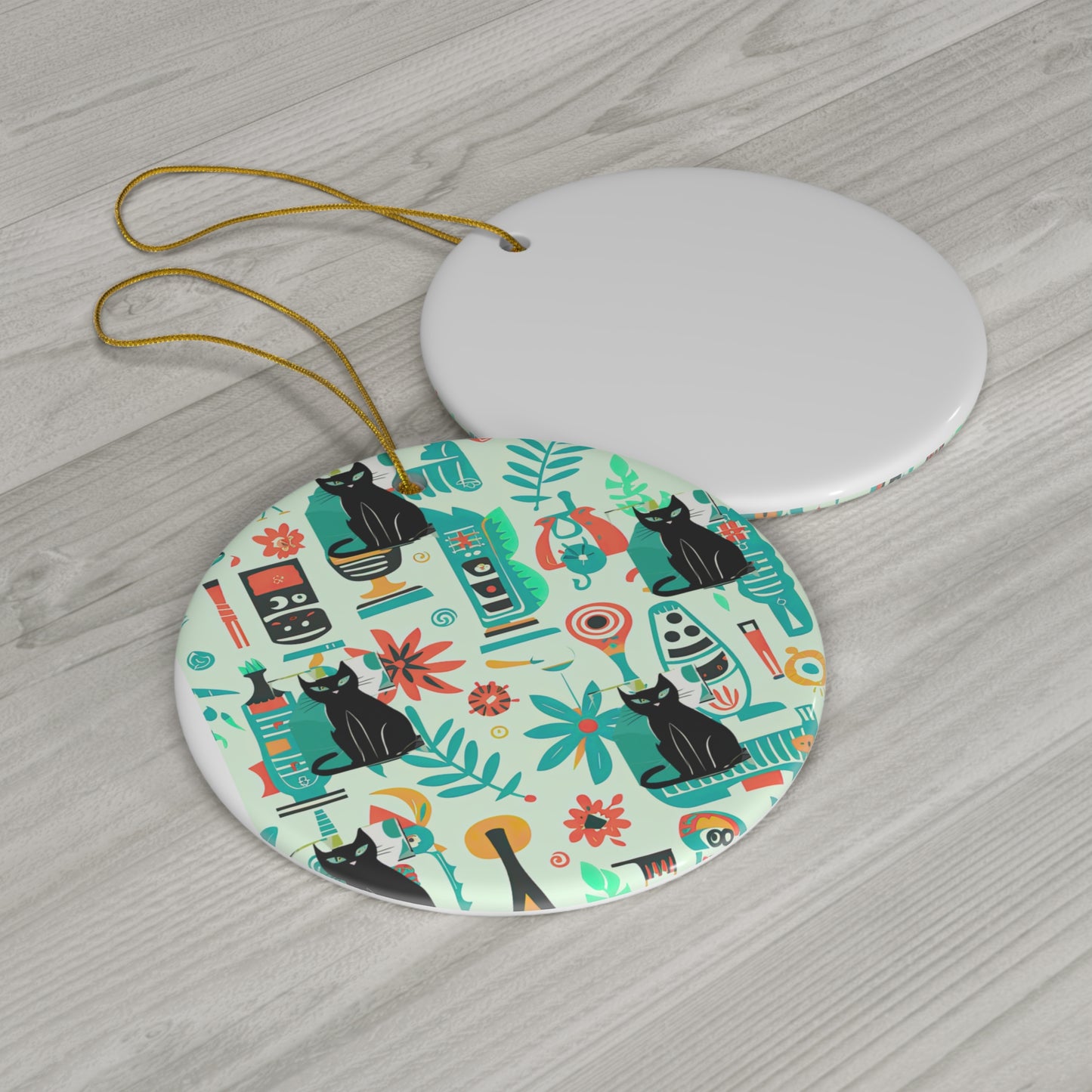 Kitty Flora and Fauna Midcentury Modern Kitchen Wallpaper Pattern Aqua Black 1950s House Cat Ceramic Ornament
