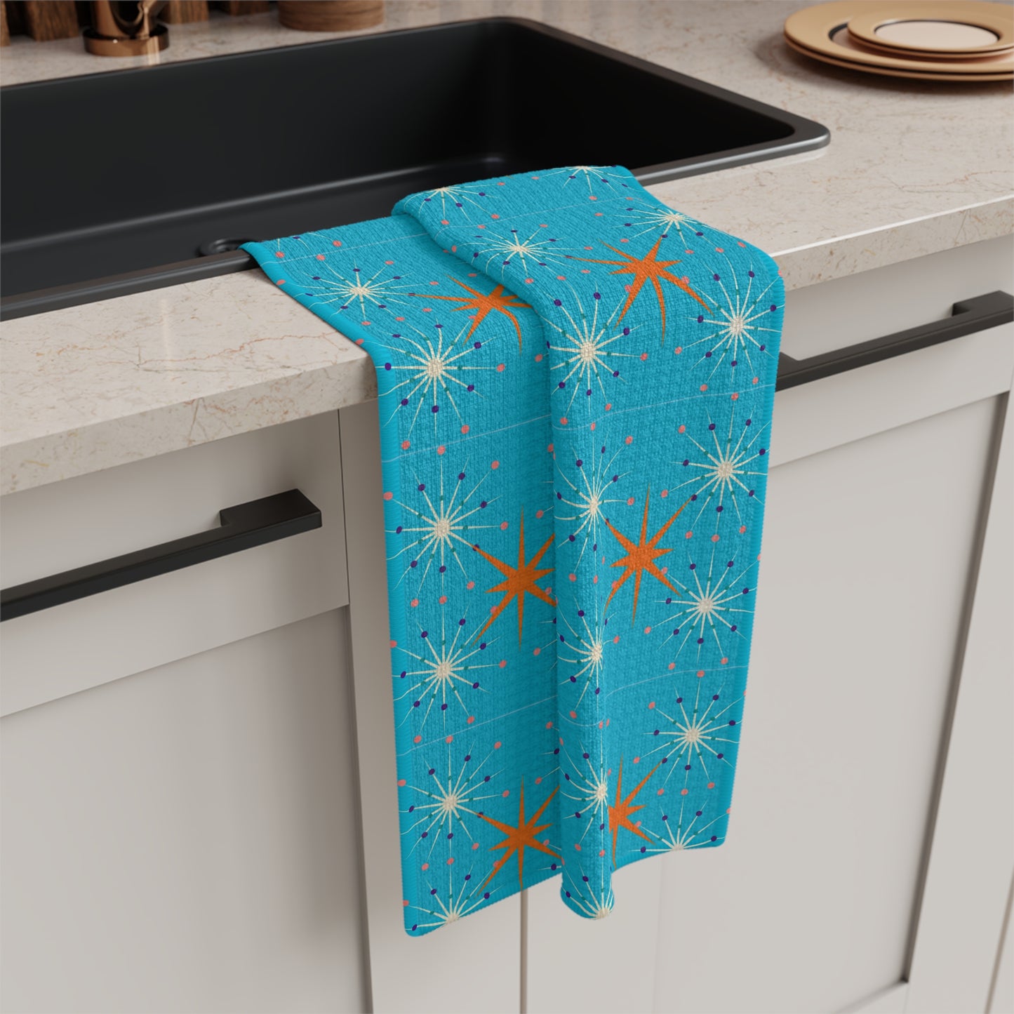 Midcentury Modern Atomic Stars Turquoise Pattern Decorative Microfiber Waffle Tea Towel/Bar Towel