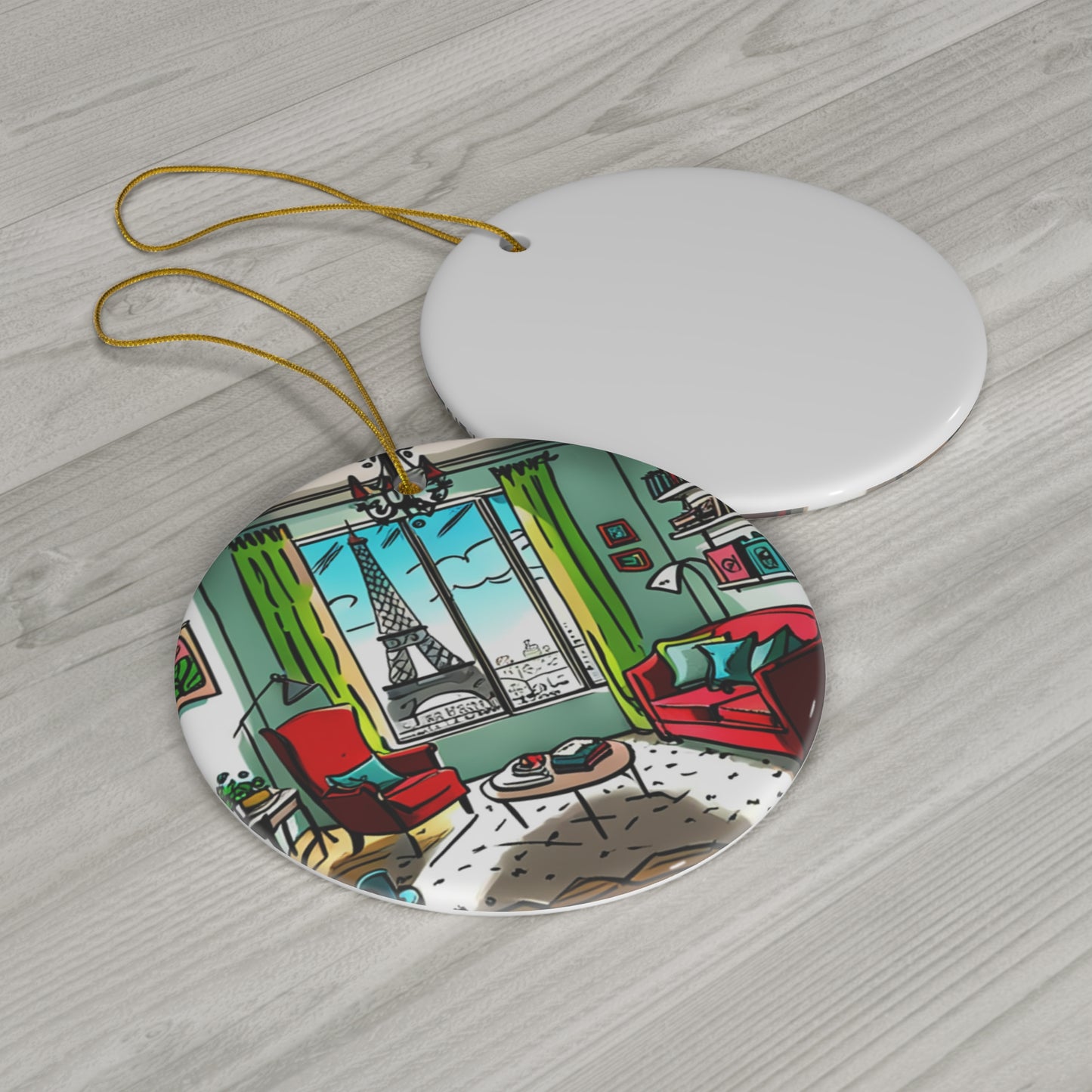 French Atelier Eiffel Tower Illustration Midcentury Modern Interior Sketch Ceramic Ornament