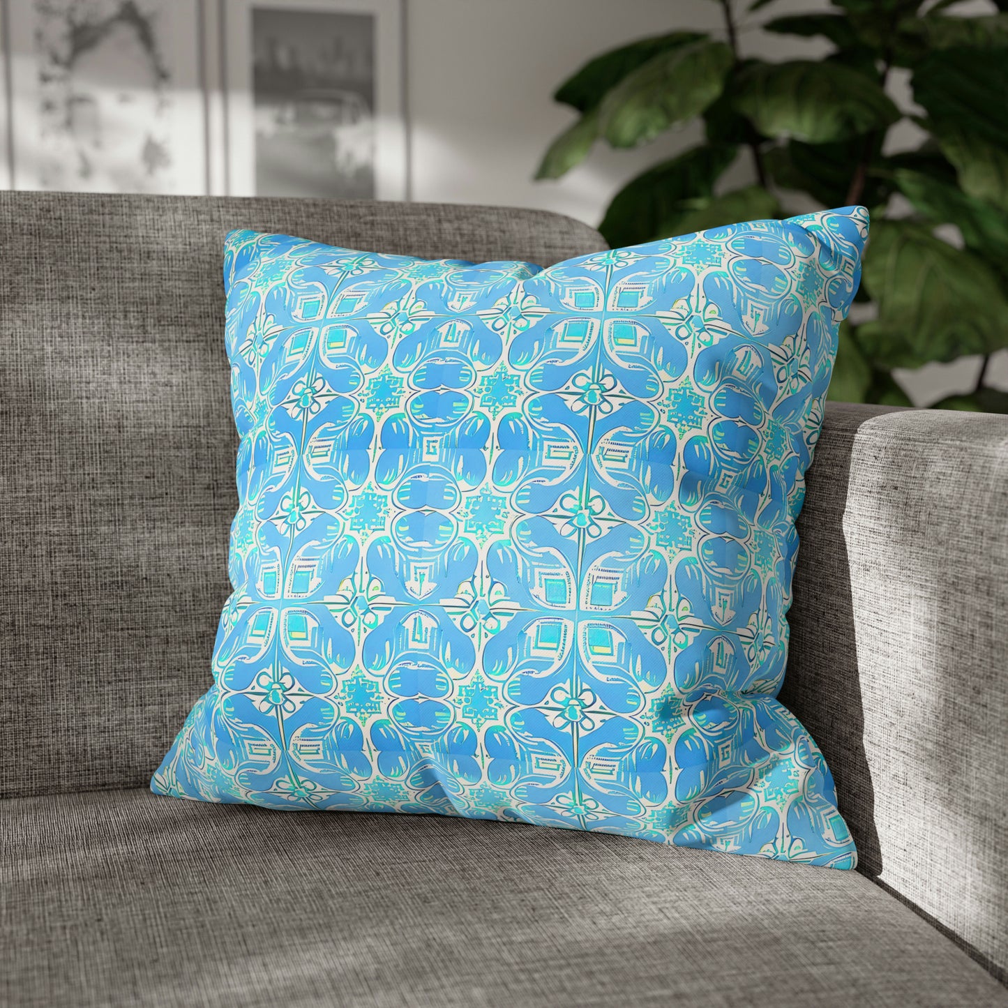 Greek Villa Tile Pattern Travel Island Turquoise Decorative Spun Polyester Pillowcase