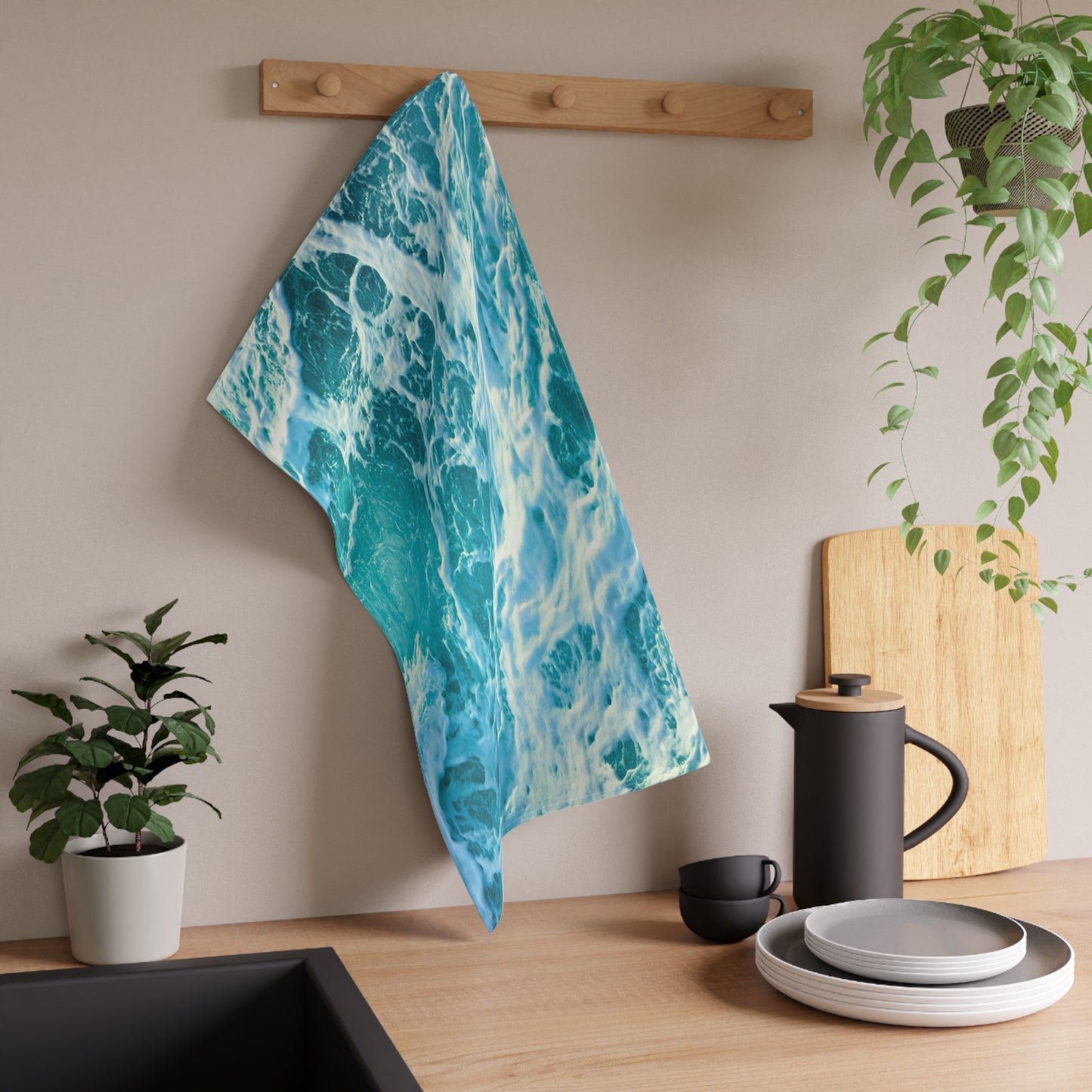 Ocean Blue Waves Coastal Beach House Decorative Kitchen Tea Towel/Bar Towel