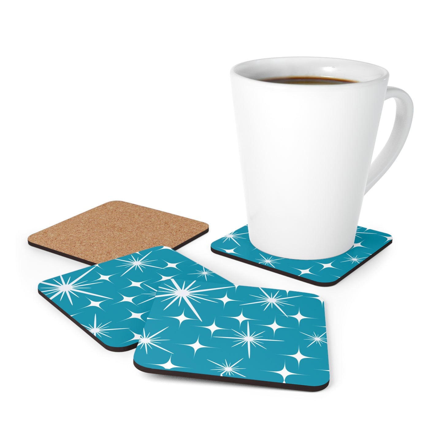 Midcentury Modern Stars Pattern Teal Cocktail Party Beverage Entertaining Corkwood Coaster Set
