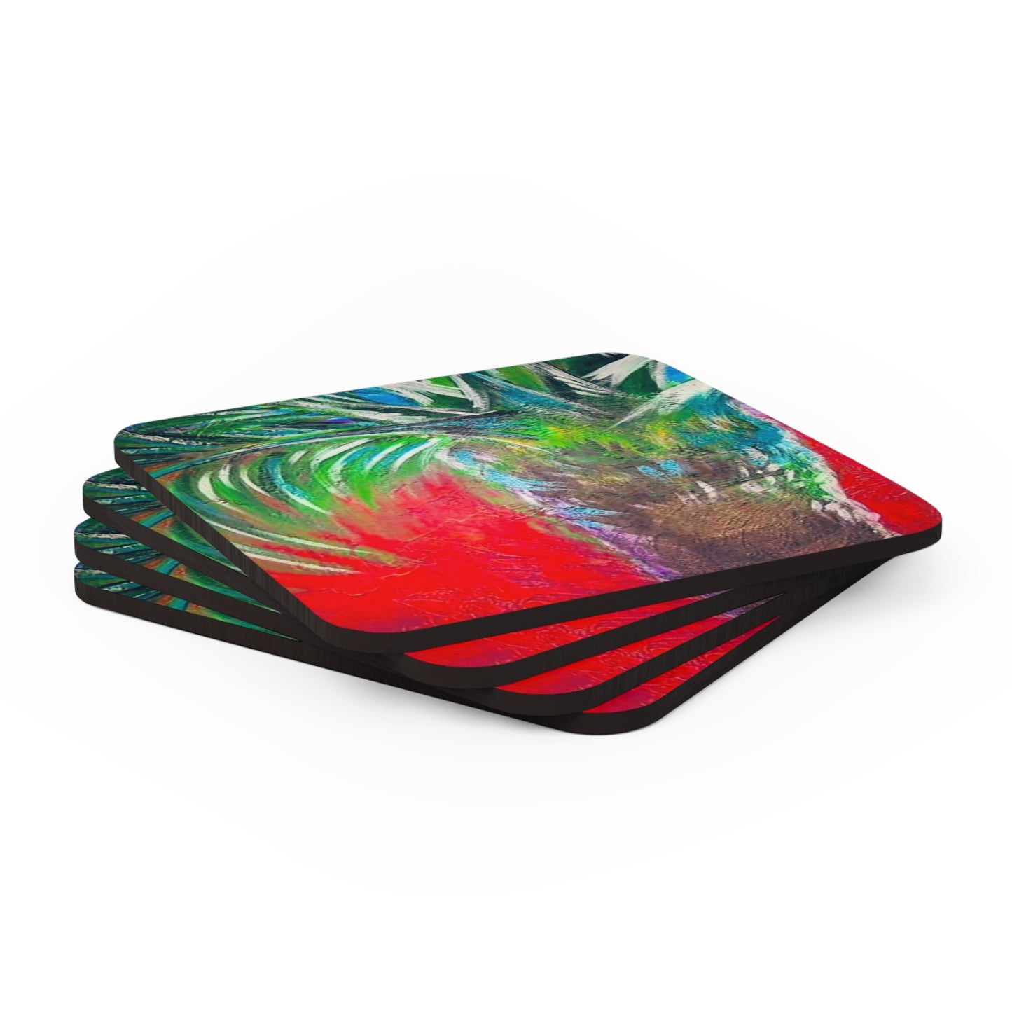 Island Coastal Tropical Palm Painterly Cocktail Beverage Entertaining Corkwood Coaster Set