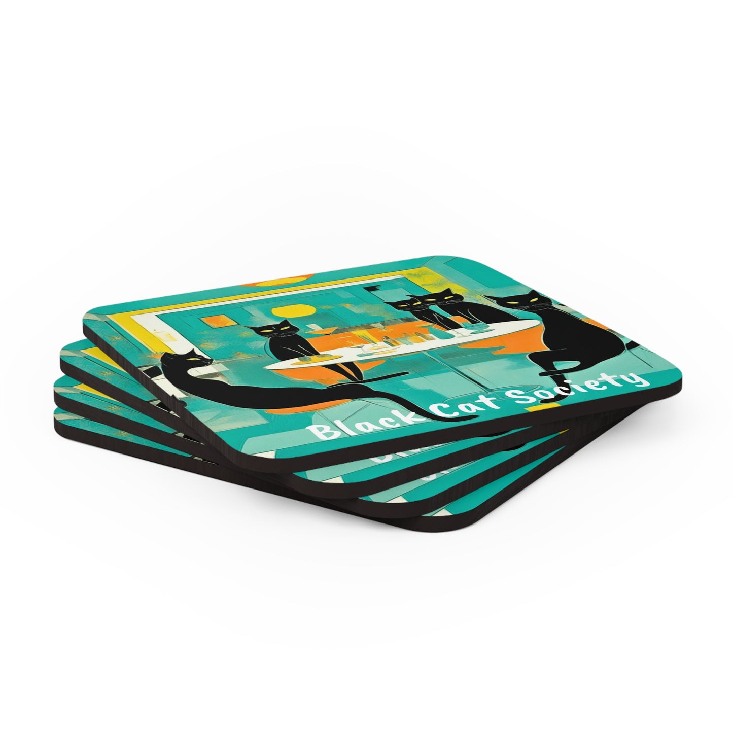 Black Cat Society Midcentury Modern Cocktail Party Entertaining Decorative Corkwood Coaster Set