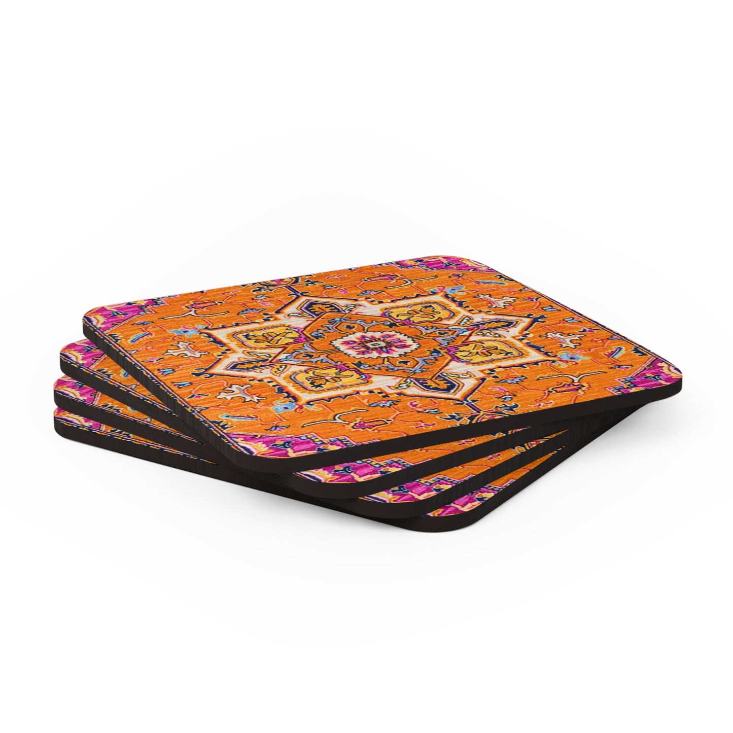 Berber Tribal Nomad Orange Pink Pattern Bohemian Cocktail Party Entertaining Decorative Corkwood Coaster Set