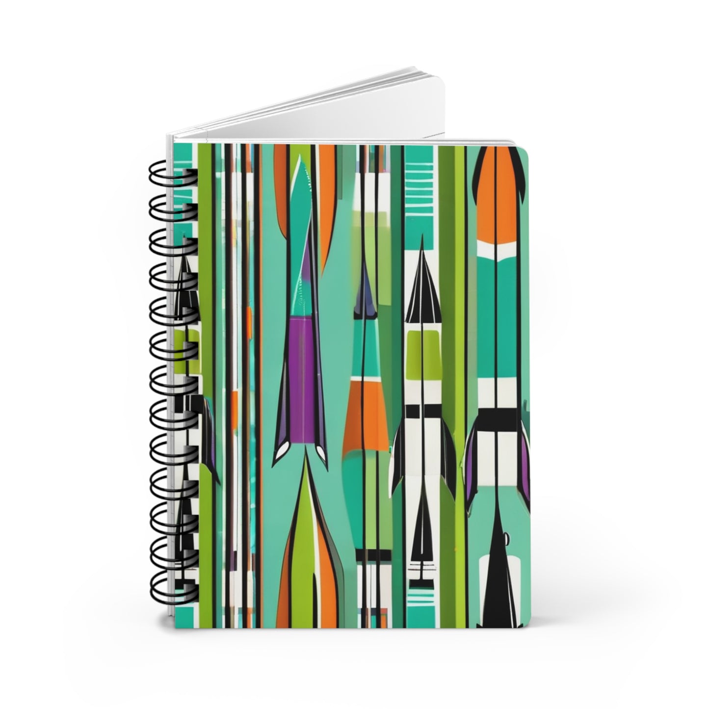 Sputnik Rocket Midcentury Modern Spaceship Pattern Writing Sketch Inspirational Spiral Bound Journal