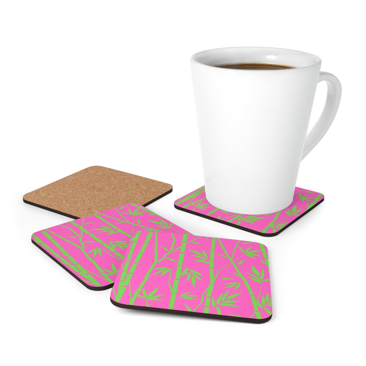 Bamboo Zen Meditation Garden Hot Pink Cocktail Beverage Party Entertaining Corkwood Coaster Set
