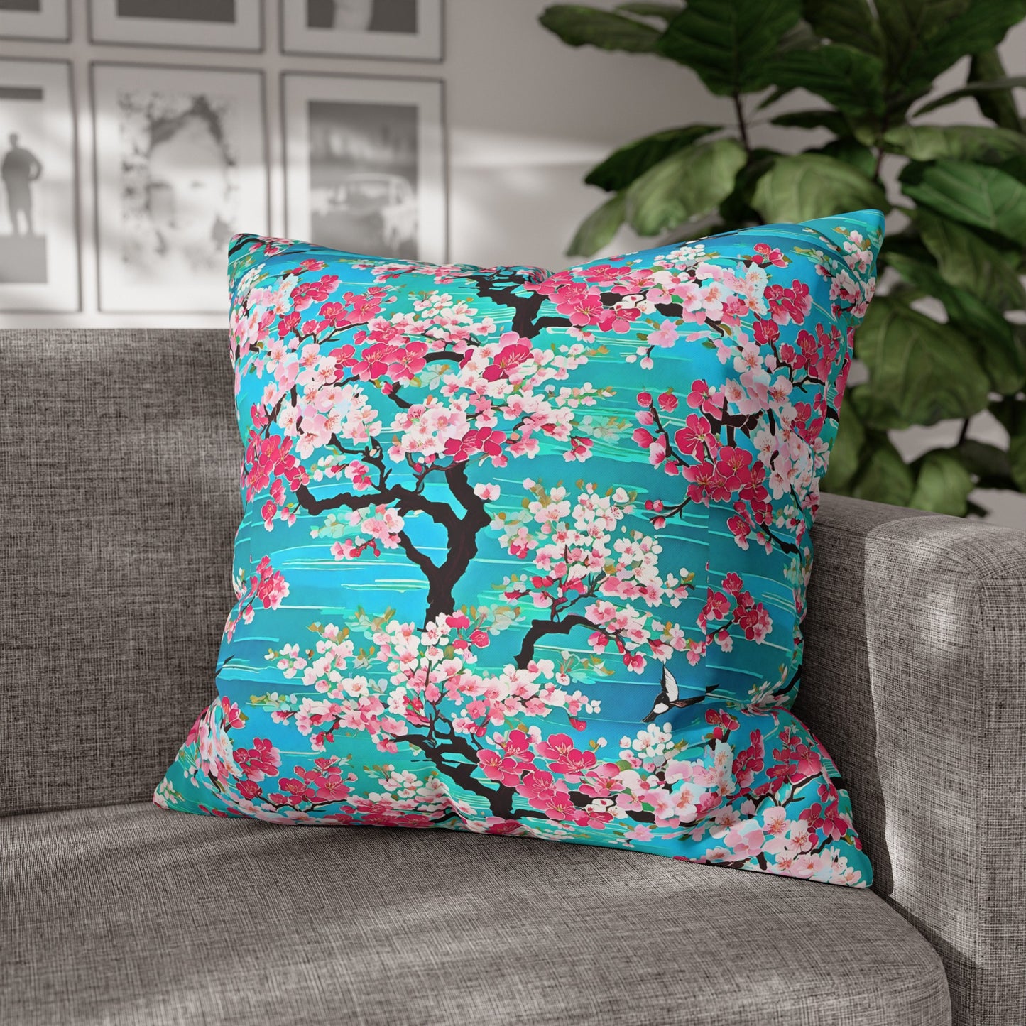 Turquoise Cherry Blossoms Japanese Kyoto Floral Decorative Spun Polyester Pillow Cover