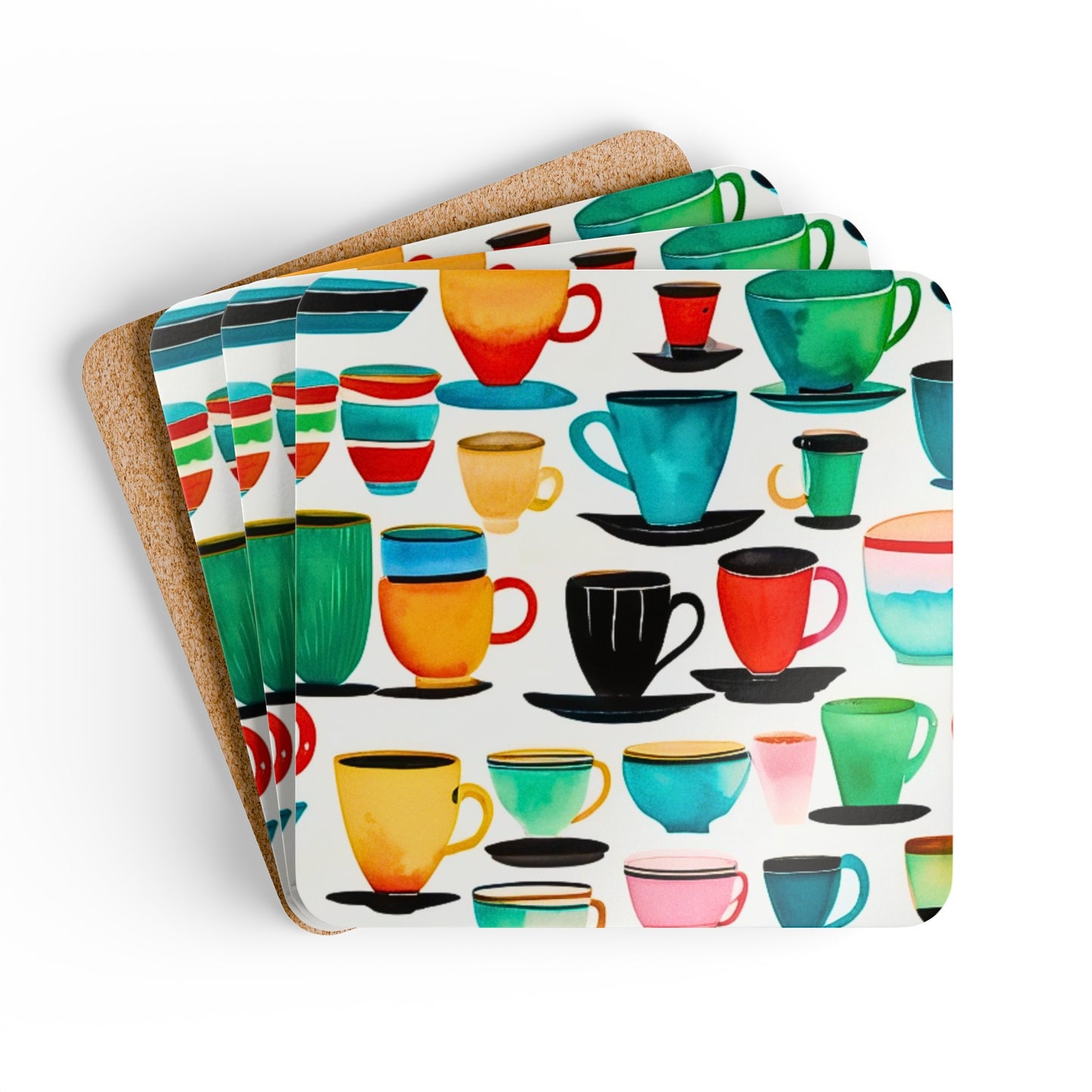 Coffee Cups Midcentury Modern Cocktail Beverage Corkwood Coaster Set
