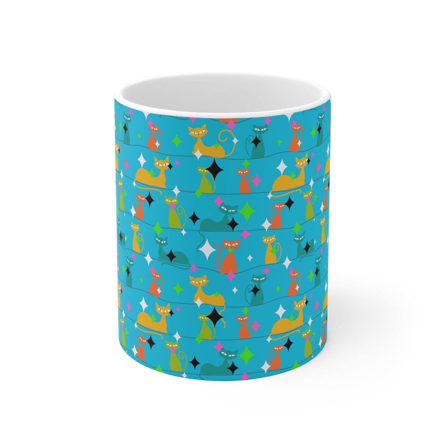 Atomic Kitty Multi Midcentury Modern Cat Pattern Hot Beverage Coffee Tea Decorative Ceramic Mug 11oz