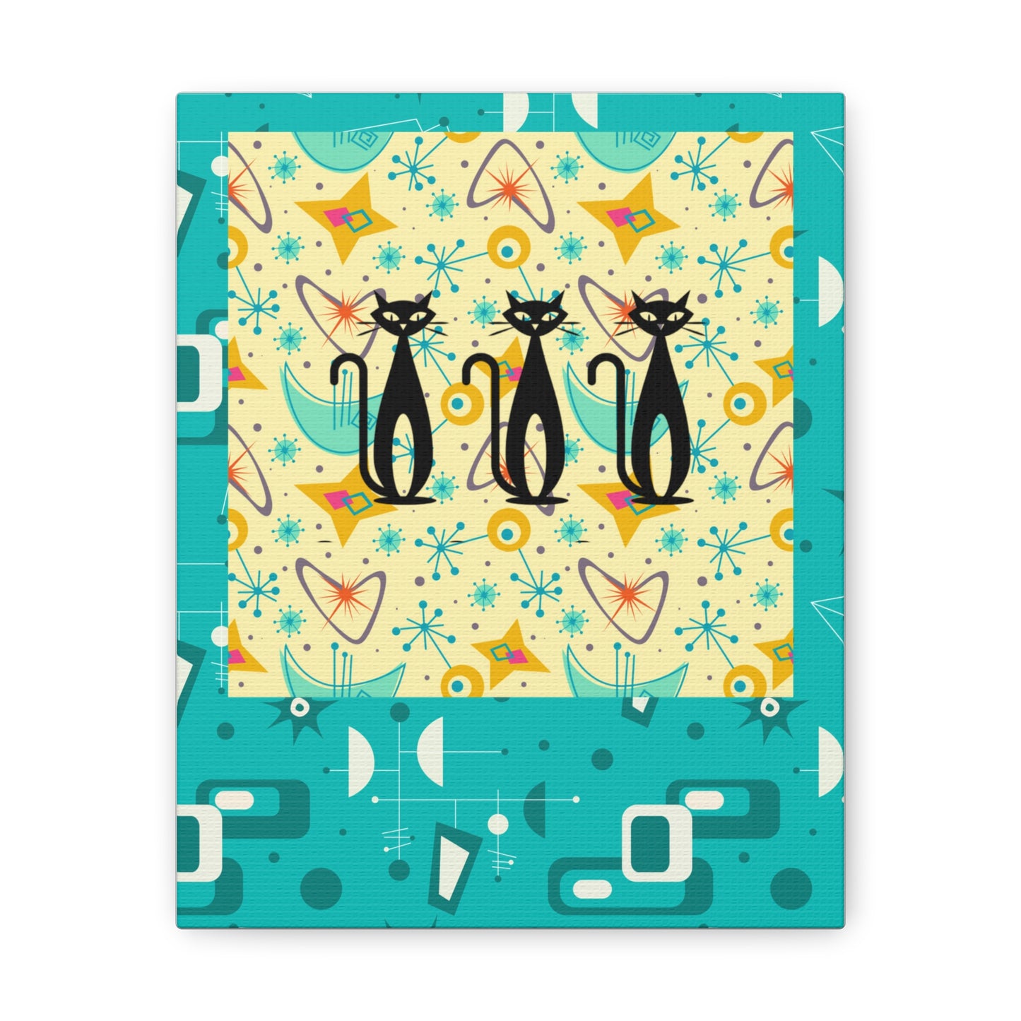 Triple Kitties Midcentury Modern Aqua Children Nursery Playroom Original Art Canvas Gallery Wraps