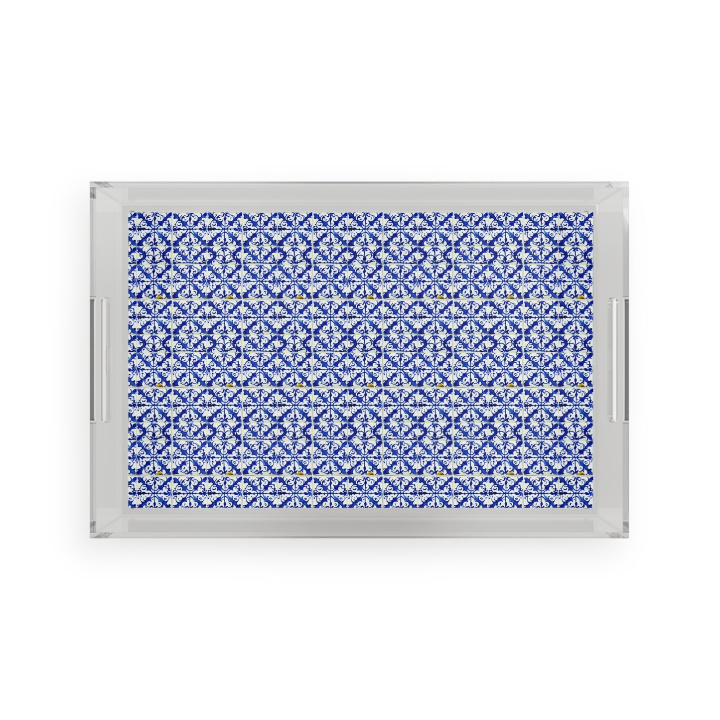 Blue and White Iron Gate Pattern Vintage Portugal Patio Entertaining Outdoor Acrylic Serving Tray