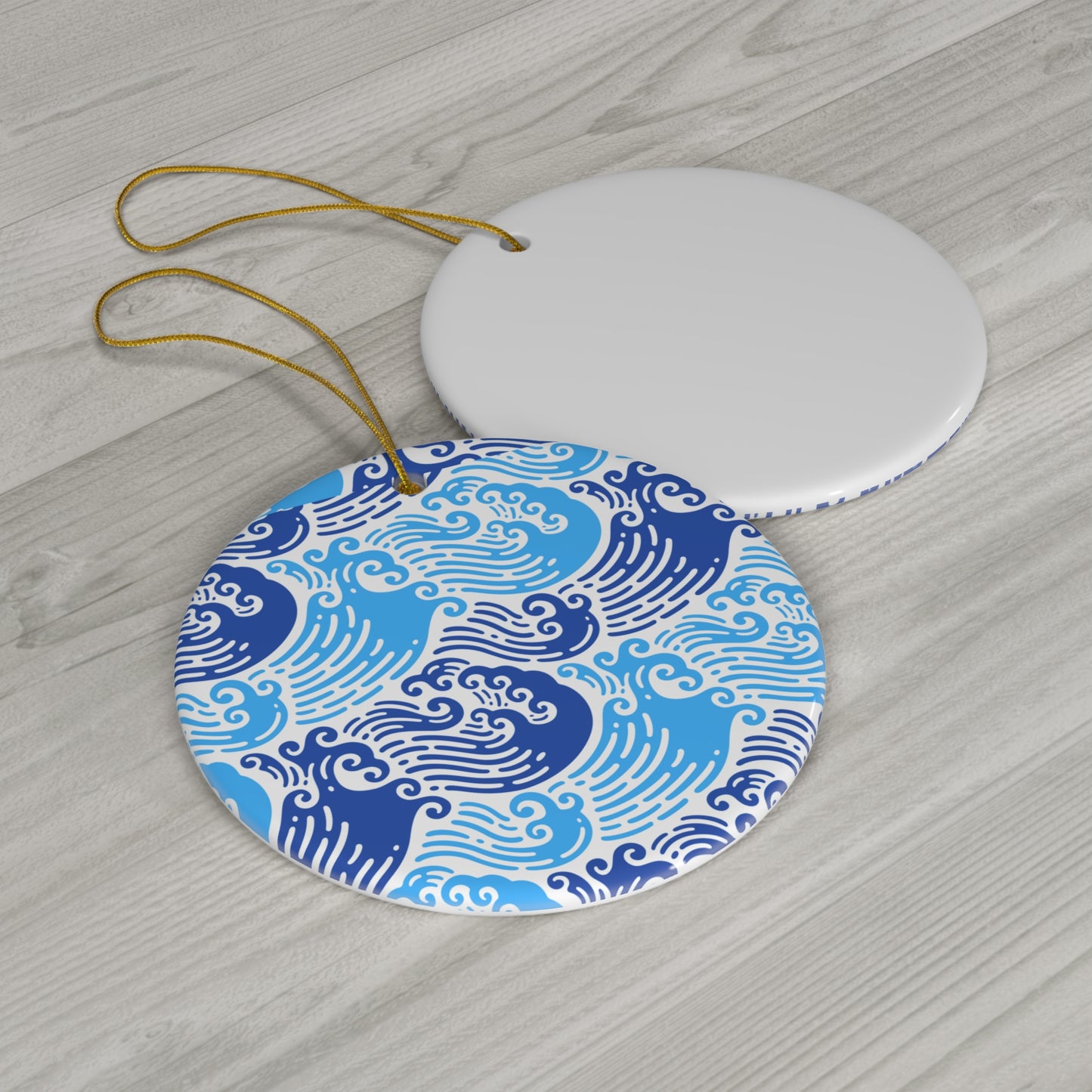Ming Dynasty Waves Blue and White Chinese Woodblock Print Ceramic Ornament