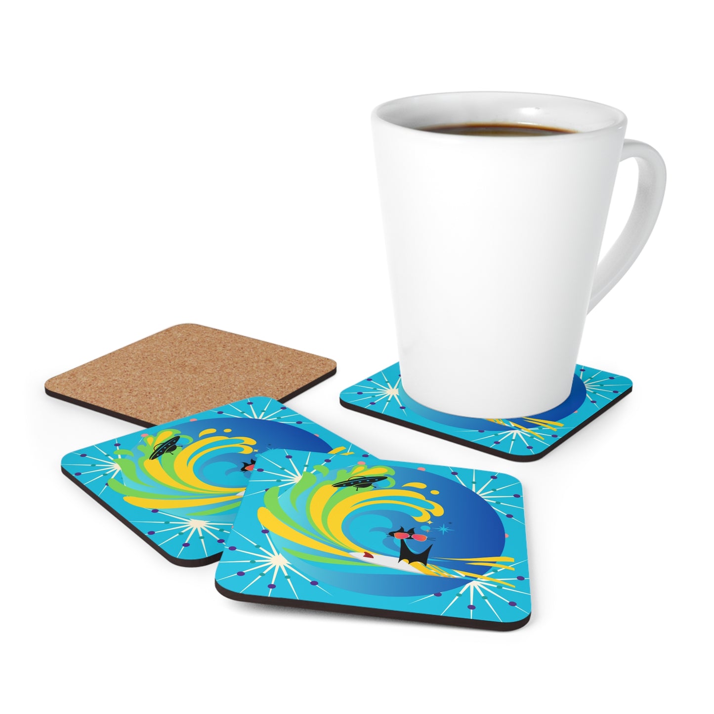 Ride the Snark Wave Alien Surfer Cocktail Party Beverage Entertaining Corkwood Coaster Set