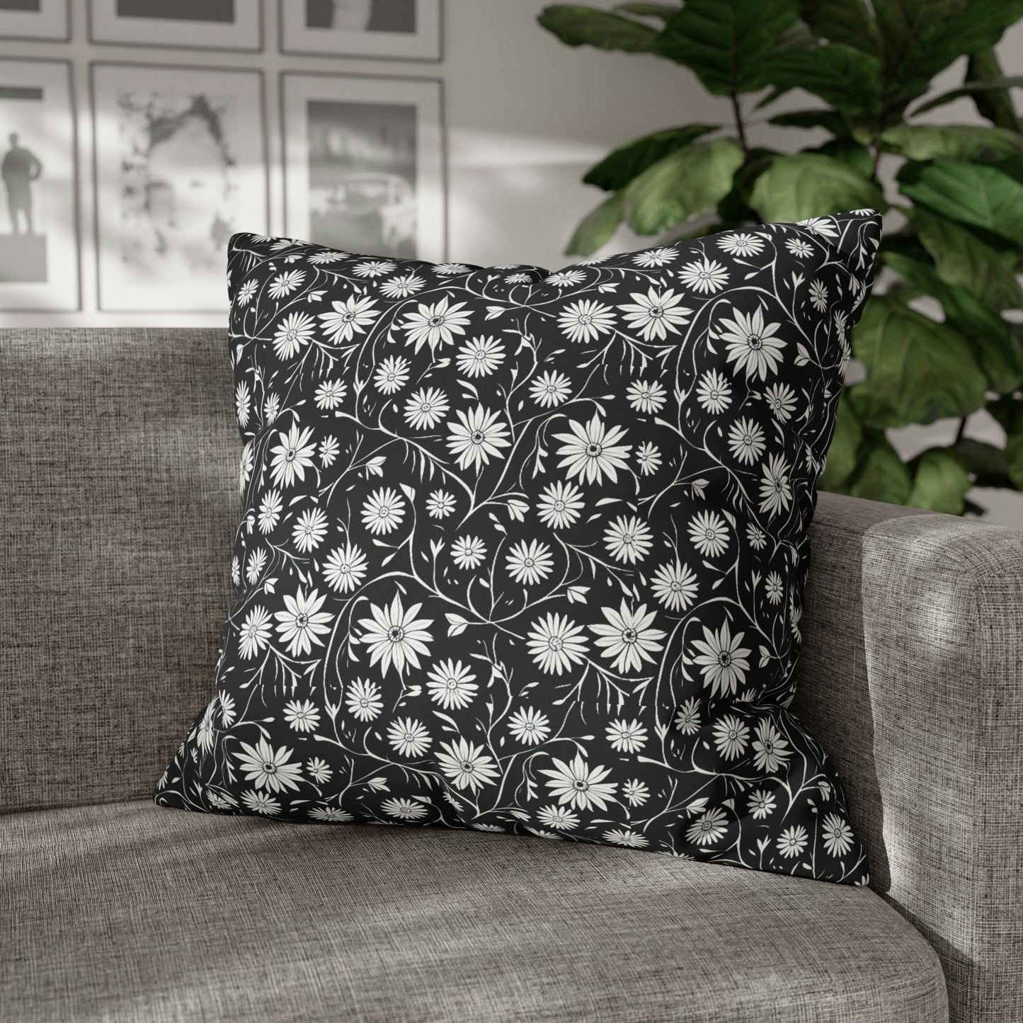Field of Scandinavian Black and White Daisies 1970s Floral Pattern Decorative Spun Polyester Pillow Cover