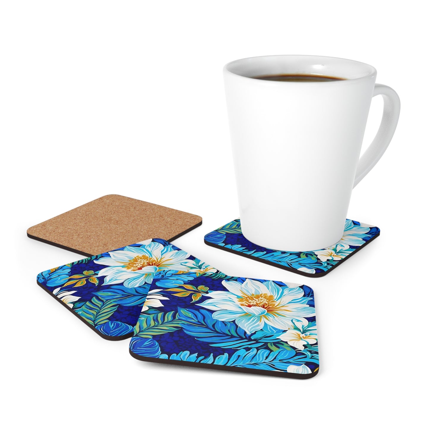 Hawaiian White Orchid Tropical Paradise Luau Cocktail Party Beverage Entertaining Corkwood Coaster Set