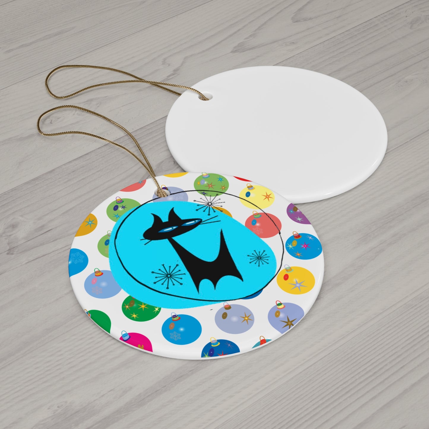 Brightly Colored Baubles Midcentury Modern Atomic Black Cat Ceramic Ornament