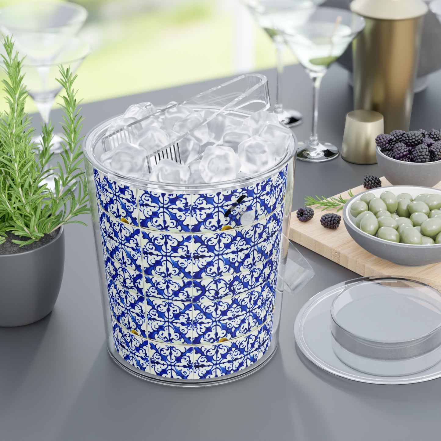 Blue and White Iron Gate Pattern Vintage Portugal Patio Entertaining Outdoor Ice Bucket with Tongs