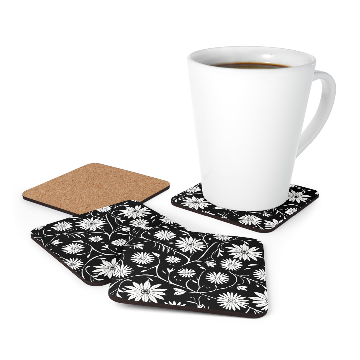 Field of Scandinavian Black and White Daisies 1970s Floral Pattern Cocktail Beverage Entertaining Corkwood Coaster Set