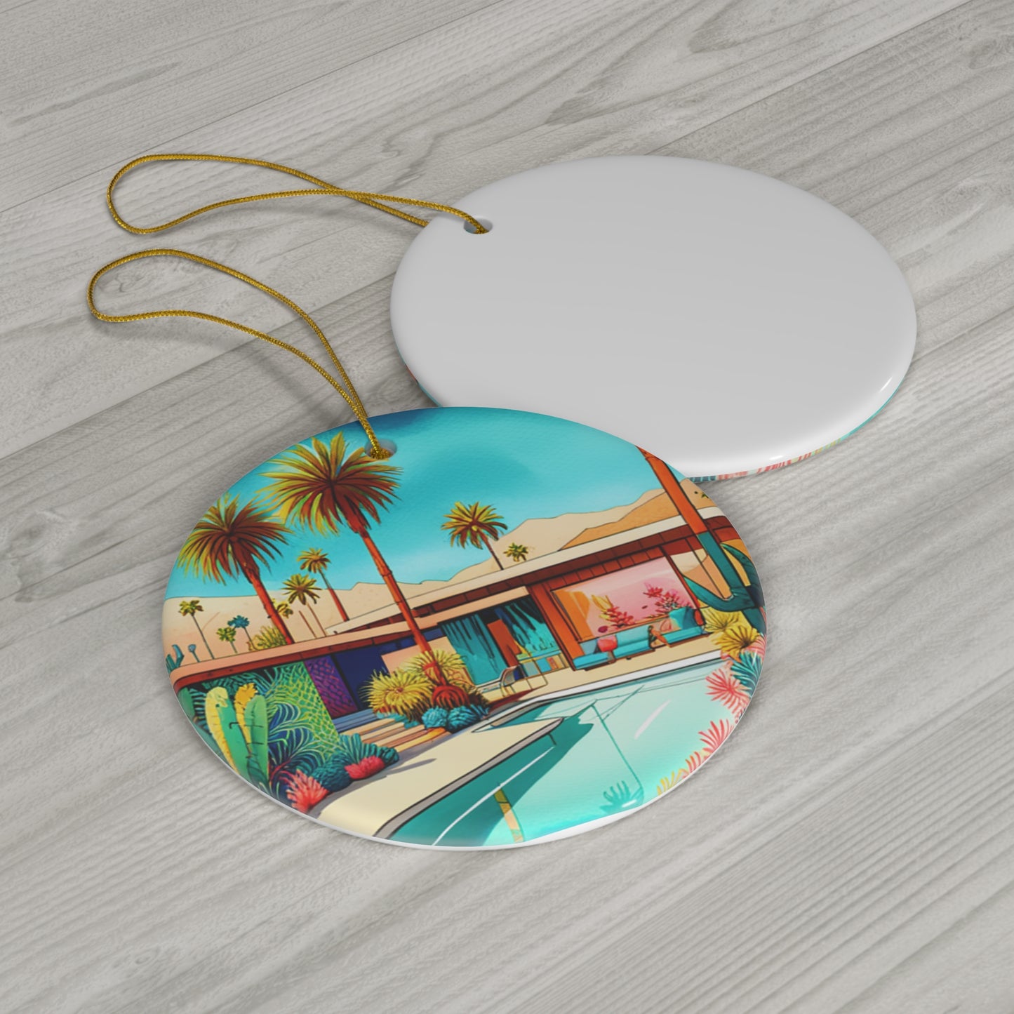Palm Springs Patio Darling Christmas Cocktails Poolside Desert Palm Trees Cactus Midcentury Modern Style Ceramic Ornament