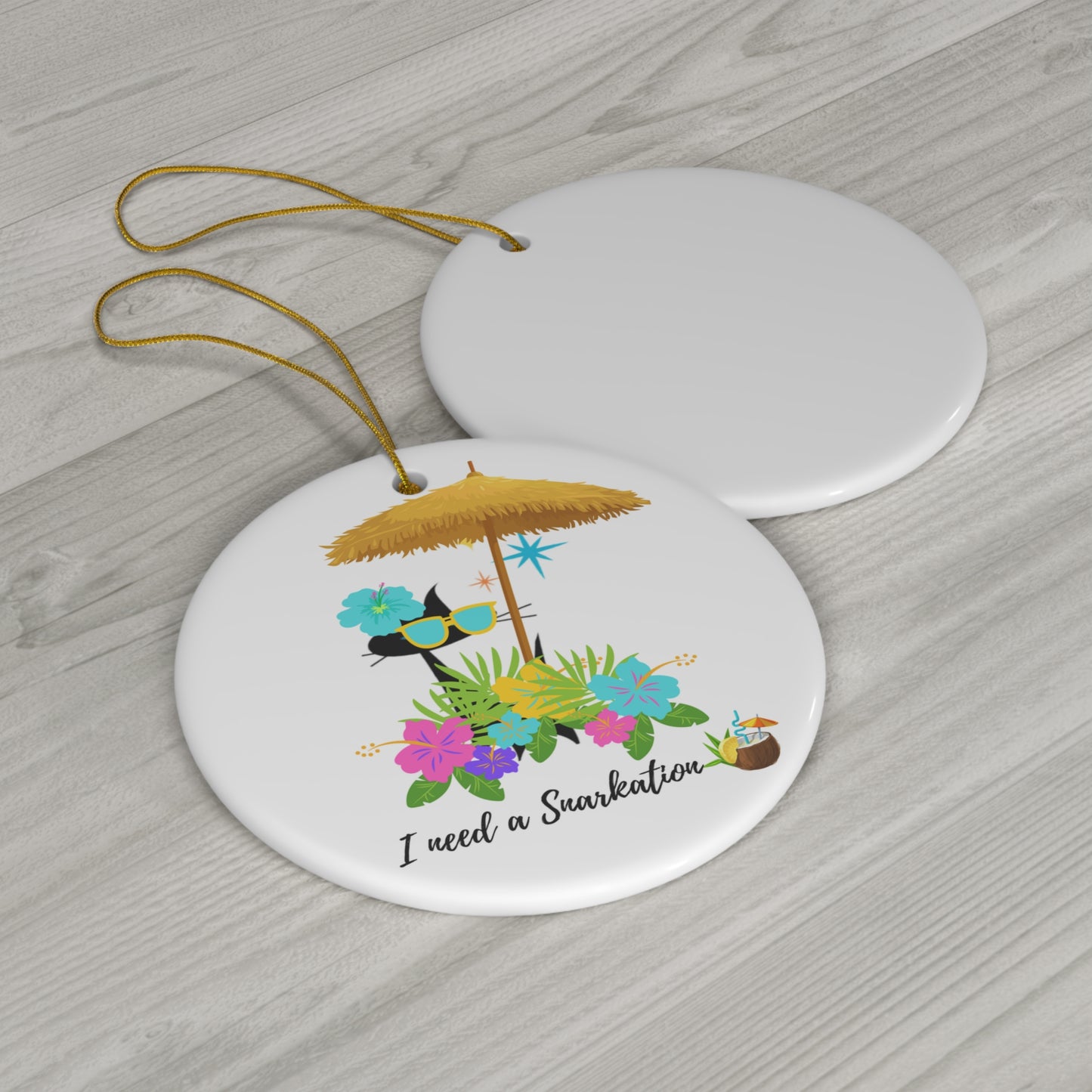 I Need A Snarkation Midcentury Modern Atomic Cat Tropical Hibiscus Ceramic Ornament